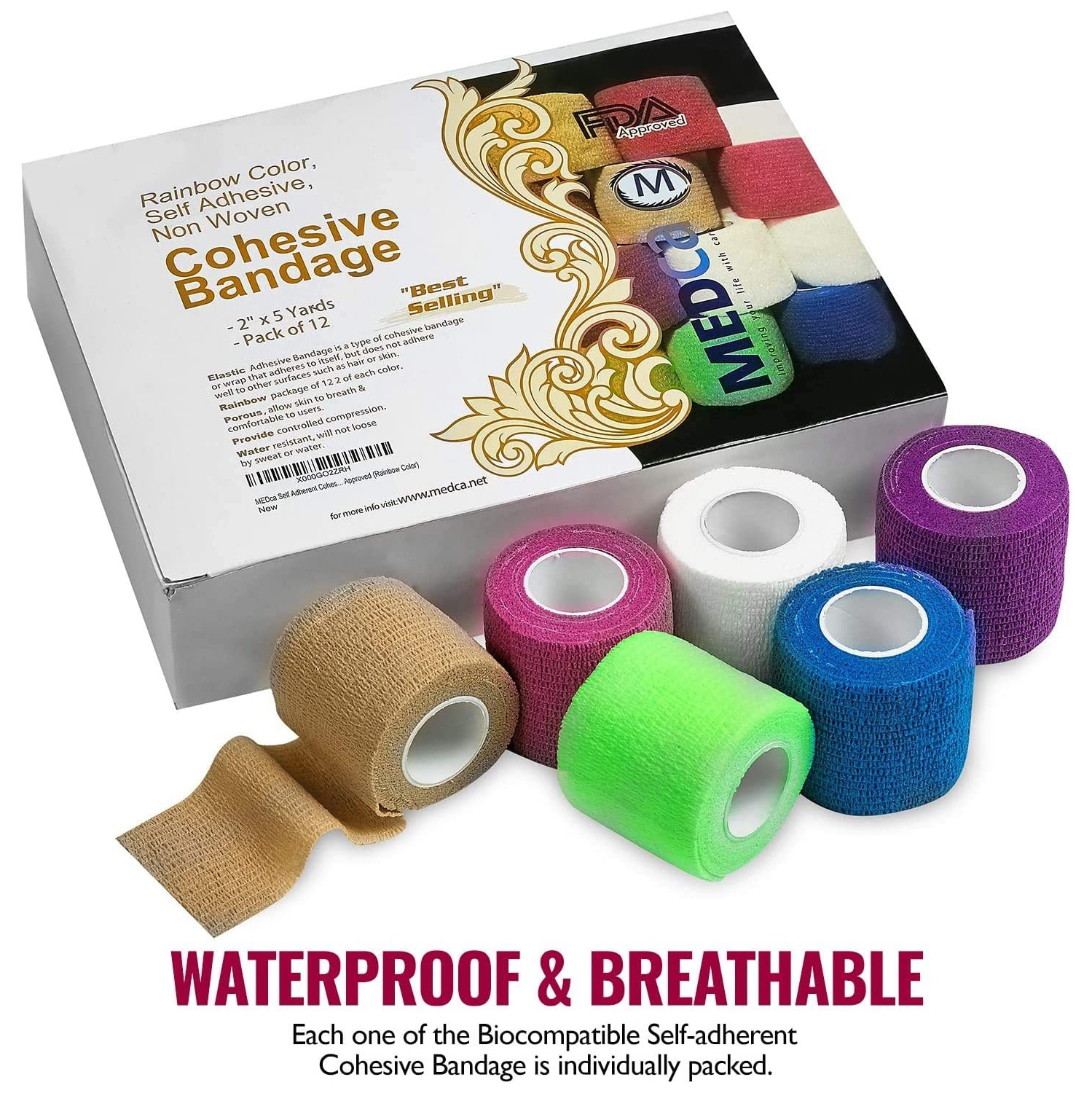 MEDca Self Adherent Cohesive Wrap Bandages 2 Inches X 5 Yards 12 Count with Strong Elastic and Colorful First Aid Tape for Sprain Swelling and Sorenes