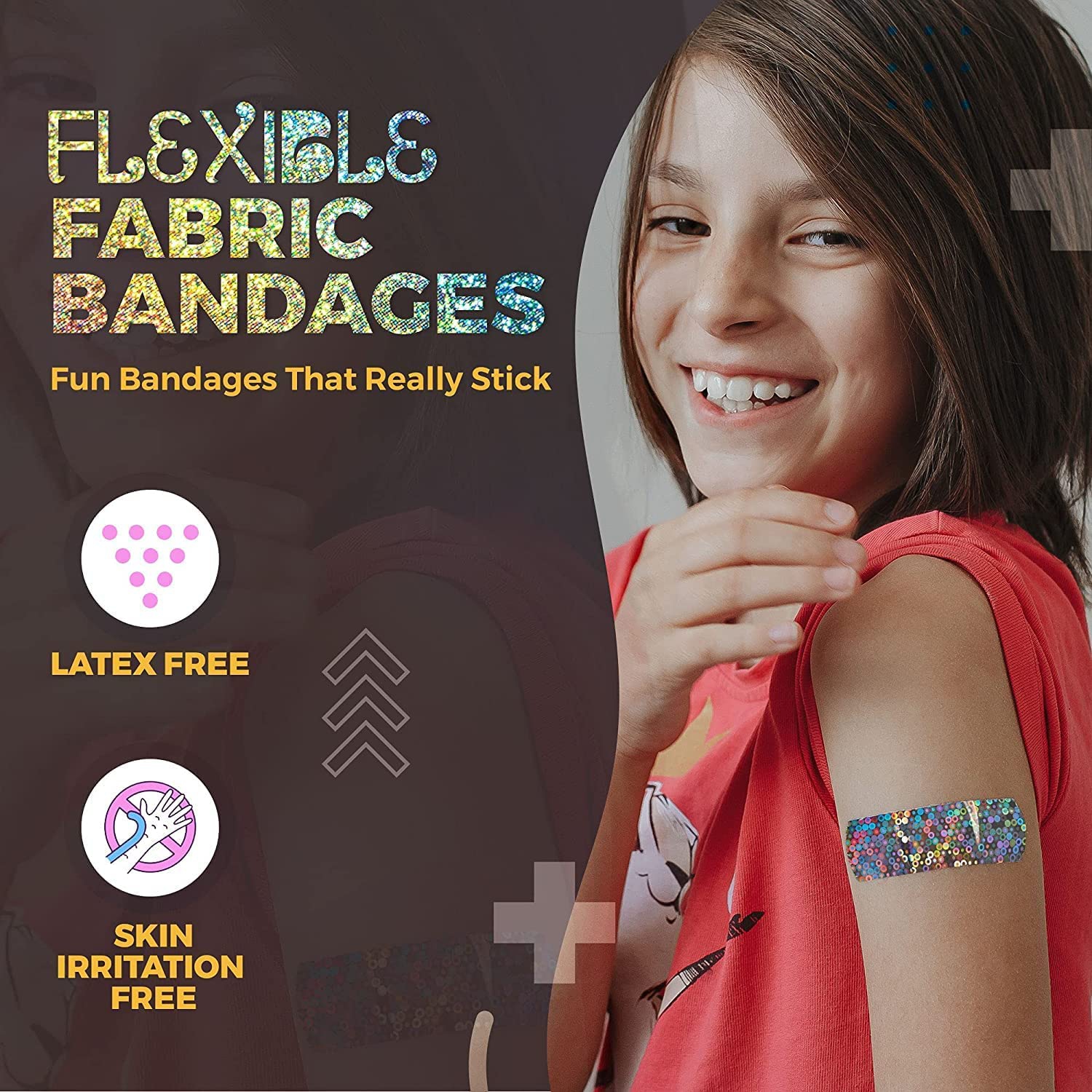 Glitter Bandages for Kids -(200 Count Box) Adhesive Bandage Strips w/Colorful Glitter Design & Latex-Free Individually Wrapped Strips for First Aid,