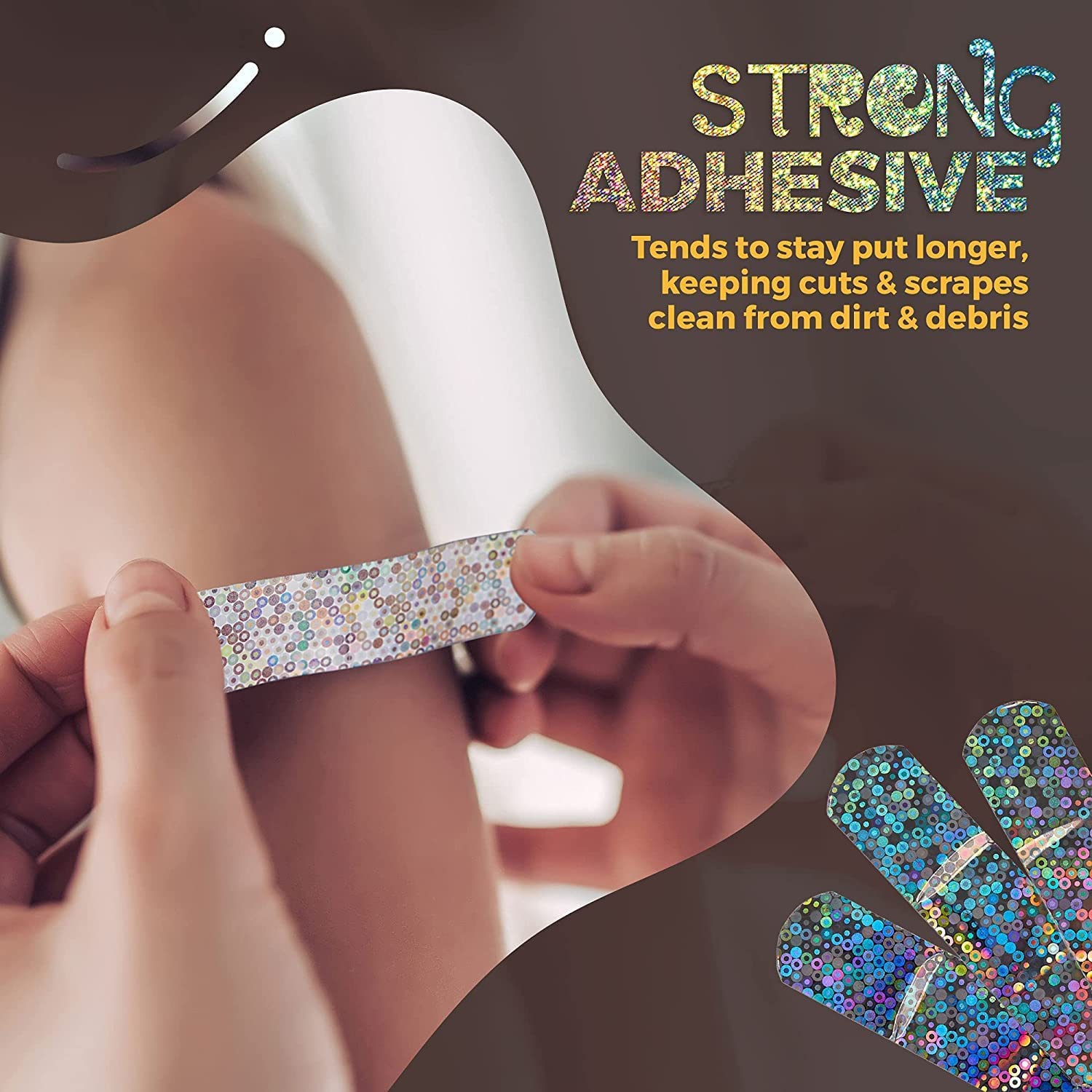 Glitter Bandages for Kids -(200 Count Box) Adhesive Bandage Strips w/Colorful Glitter Design & Latex-Free Individually Wrapped Strips for First Aid,