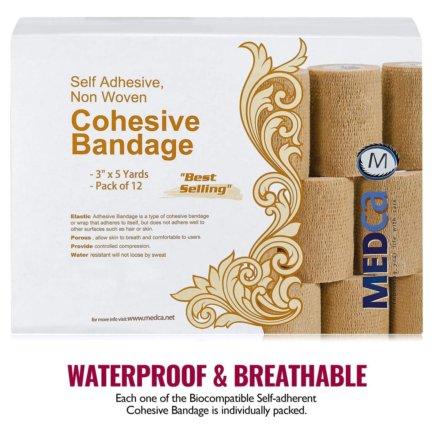 Self Adherent Wrap - Bulk Pack of 12, Athletic Tape Rolls and Sports Wraps, Self Cohesive Non-Woven Adhesive Bandage for Ankle Sprains & Swelling