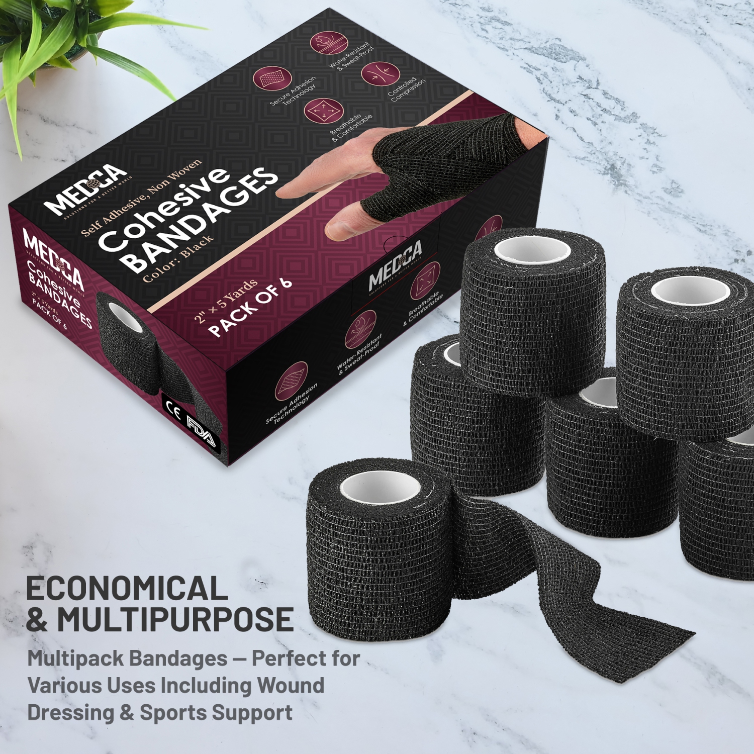 Bandage uni autoadhésif - bandage médical noir - 6 rouleaux 2 po de large x 5 verges pour usage médical, sport, premiers soins et aide à protéger la