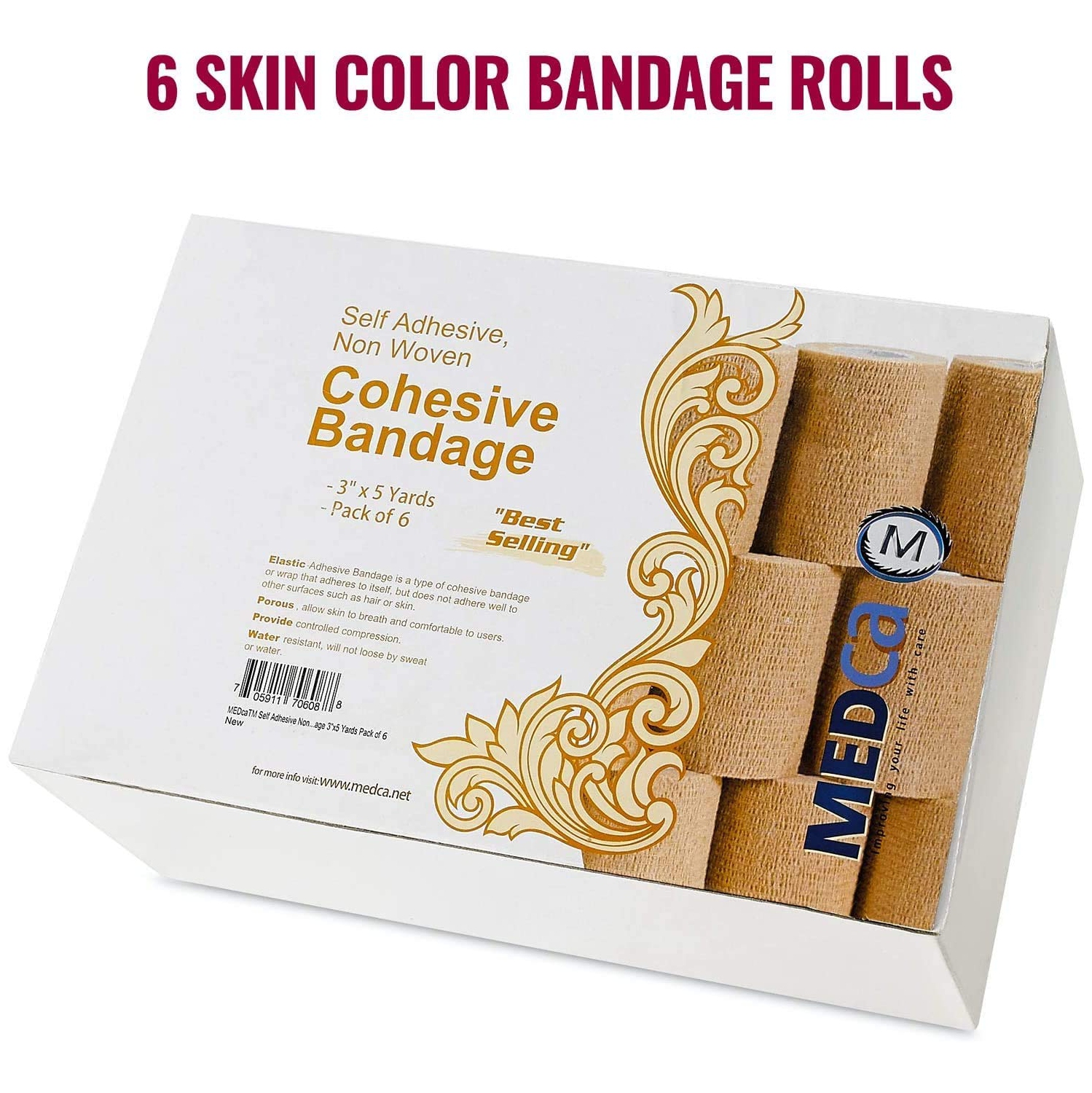 Self Adherent Wrap - Bulk Pack of 6, Athletic Tape Rolls and Sports Wraps, Self Cohesive Non-Woven Adhesive Bandage for Ankle Sprains & Swelling