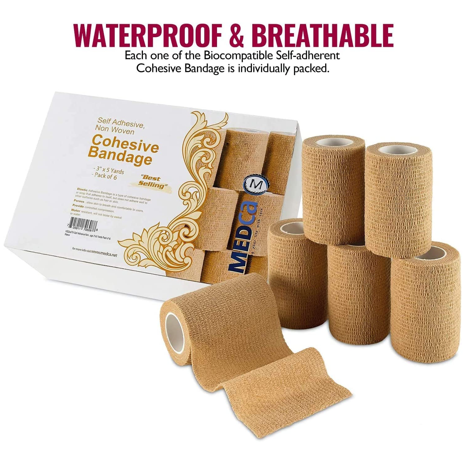 Self Adherent Wrap - Bulk Pack of 6, Athletic Tape Rolls and Sports Wraps, Self Cohesive Non-Woven Adhesive Bandage for Ankle Sprains & Swelling