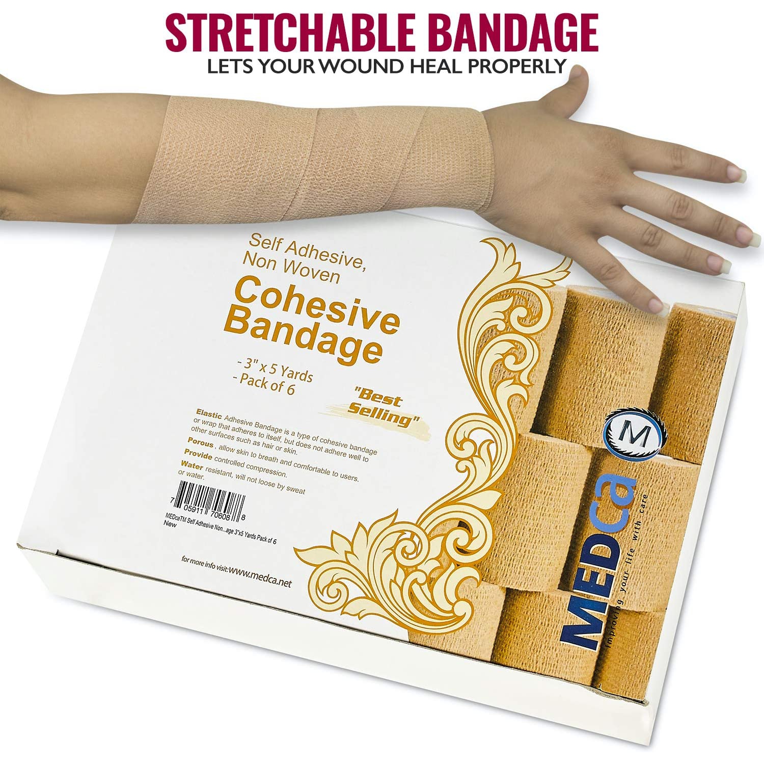 Self Adherent Wrap - Bulk Pack of 6, Athletic Tape Rolls and Sports Wraps, Self Cohesive Non-Woven Adhesive Bandage for Ankle Sprains & Swelling