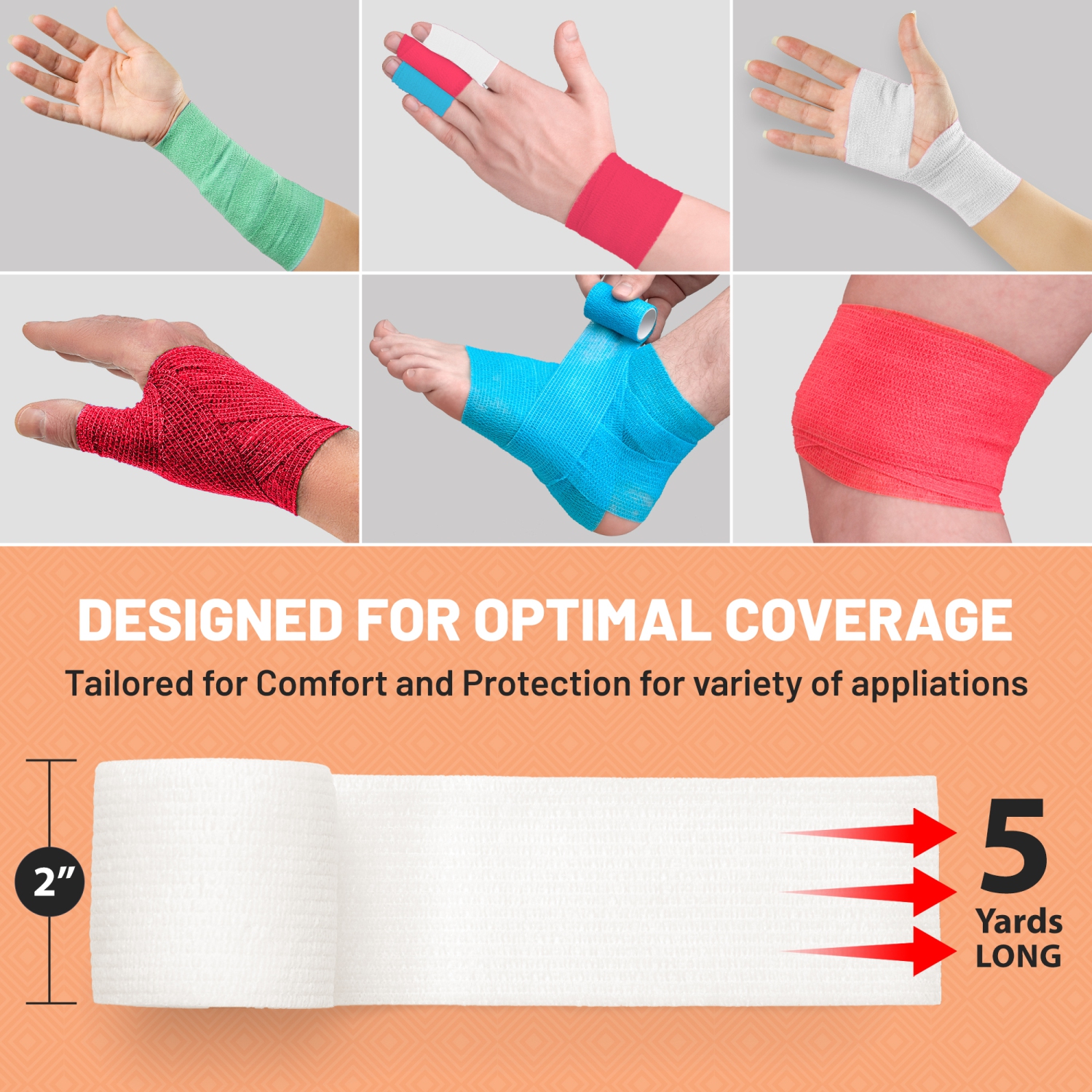 6 Pack, Self Adherent Cohesive Tape - 2” x 5 Yards, Self Adhesive Bandage Rolls & Sports Athletic Wrap for Ankle, Wrist, Knee Sprains and Swelling,