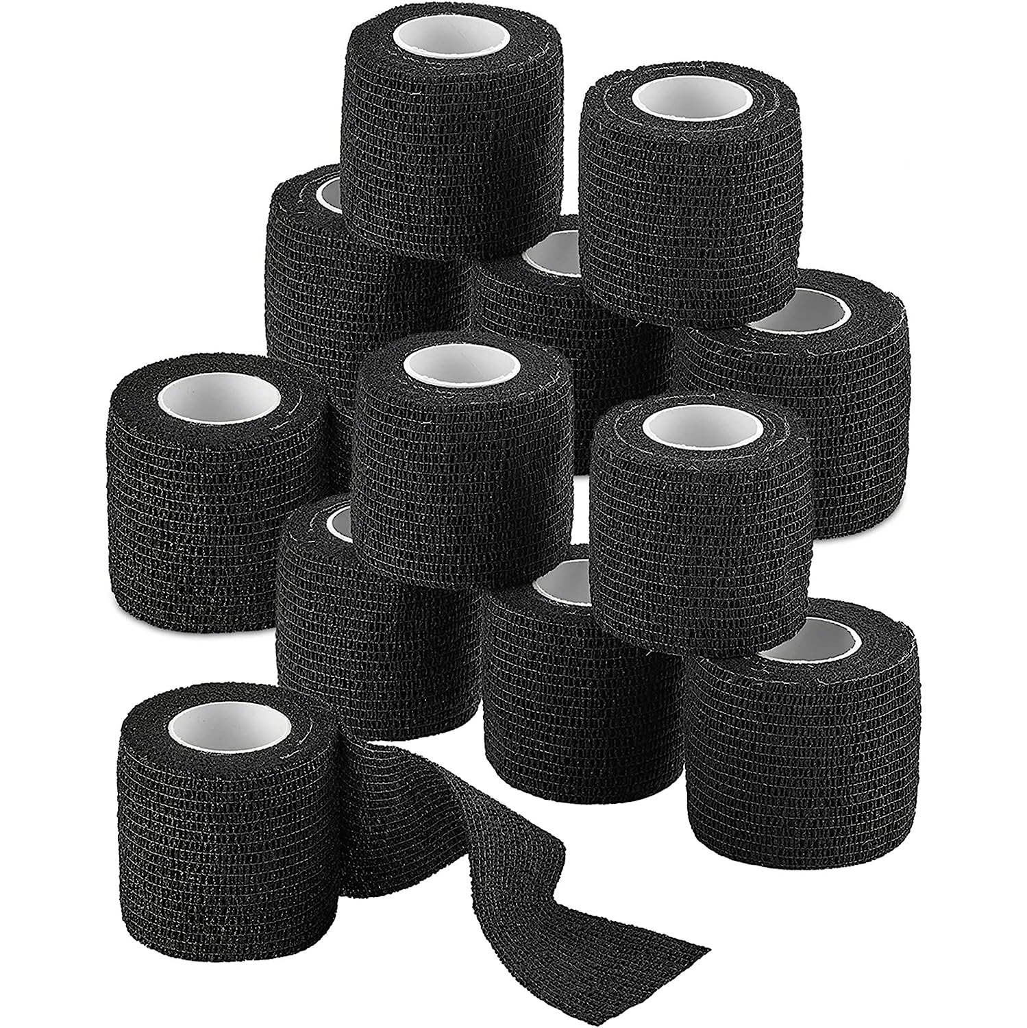 Self-Adherent Cohesive Bandage - 12 Pack Bulk | Black Self-Adhering Medical Wrap | 2" Wide x 5 Yards Athletic Sports Tape Sweat & Water Resistant,