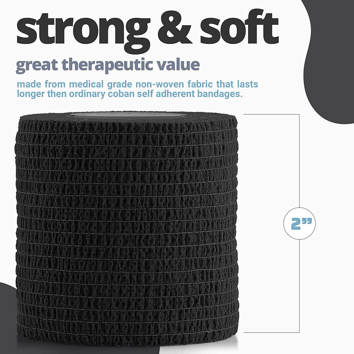 Self-Adherent Cohesive Bandage - 12 Pack Bulk | Black Self-Adhering Medical Wrap | 2" Wide x 5 Yards Athletic Sports Tape Sweat & Water Resistant,