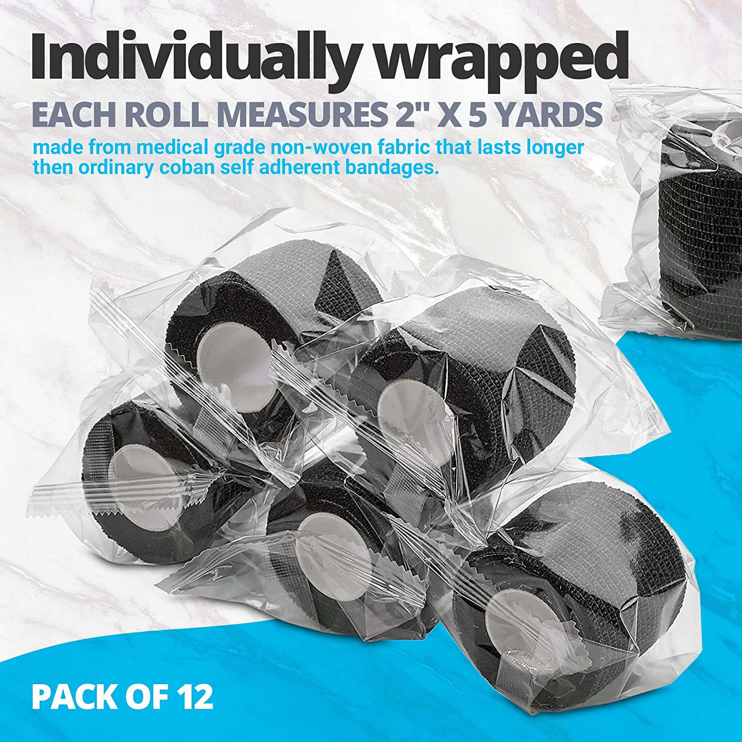 Self-Adherent Cohesive Bandage - 12 Pack Bulk | Black Self-Adhering Medical Wrap | 2" Wide x 5 Yards Athletic Sports Tape Sweat & Water Resistant,