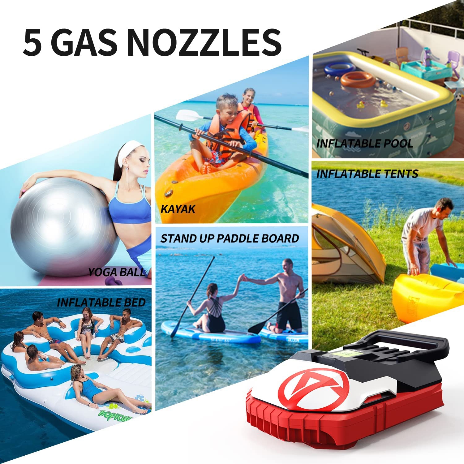 Electric Paddle Board Pump UP TO 20PSI Electric Air Pump for Inflation and Deflation W/ Auto-Off Feature, 12V DC Car W/ 5 Nozzles for Paddle Board,