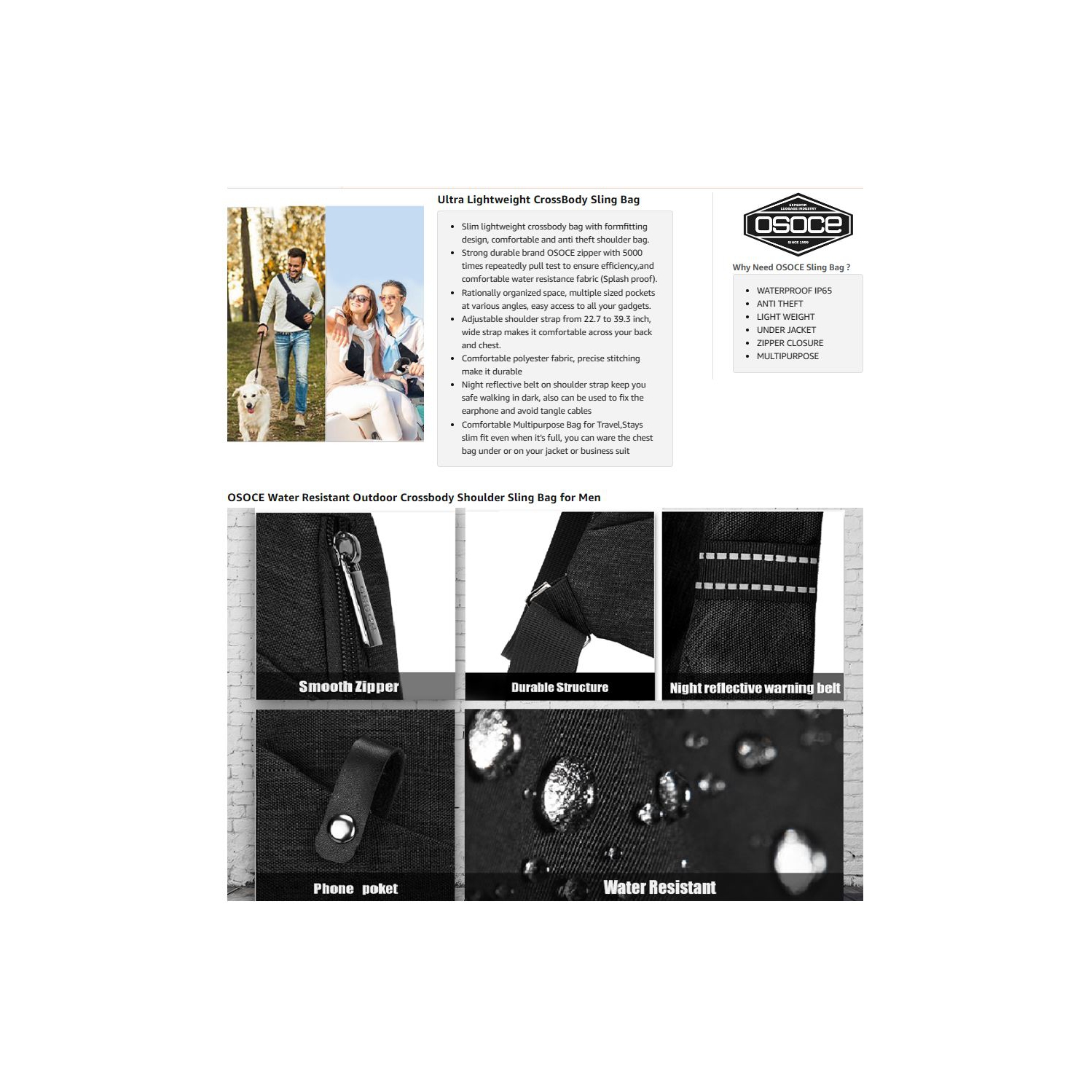 OSOCE Anti-Theft Waterproof Shoulder Backpack Sling Chest Crossbody Bag Cover Pack Rucksack Bicycle Sport