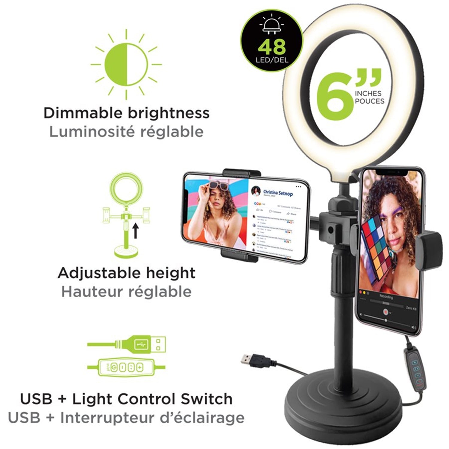 Boost - 6" LED Ring Light with 2 Phone Holders, Black