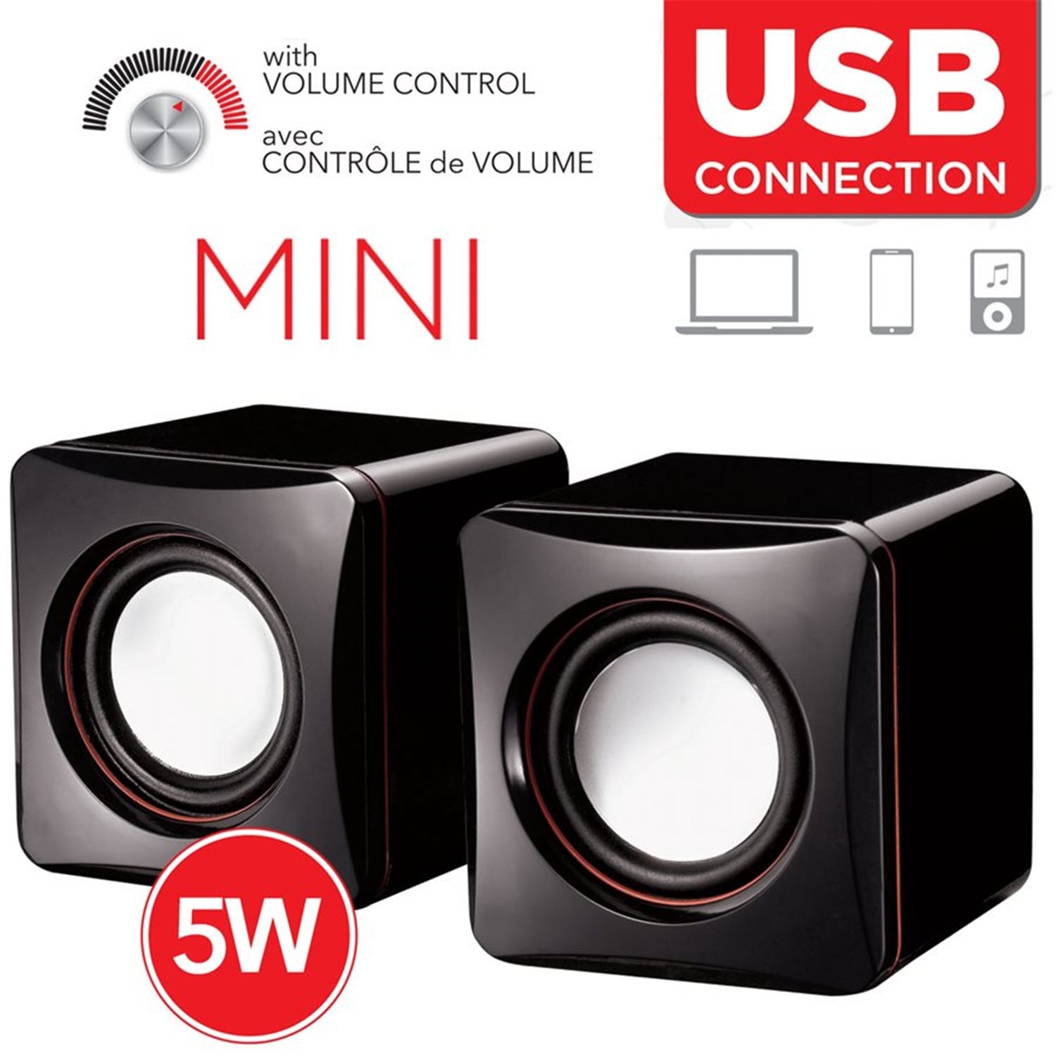 Escape - Mini Stereo USB Speakers with Sound Control, 5 Watts, Black