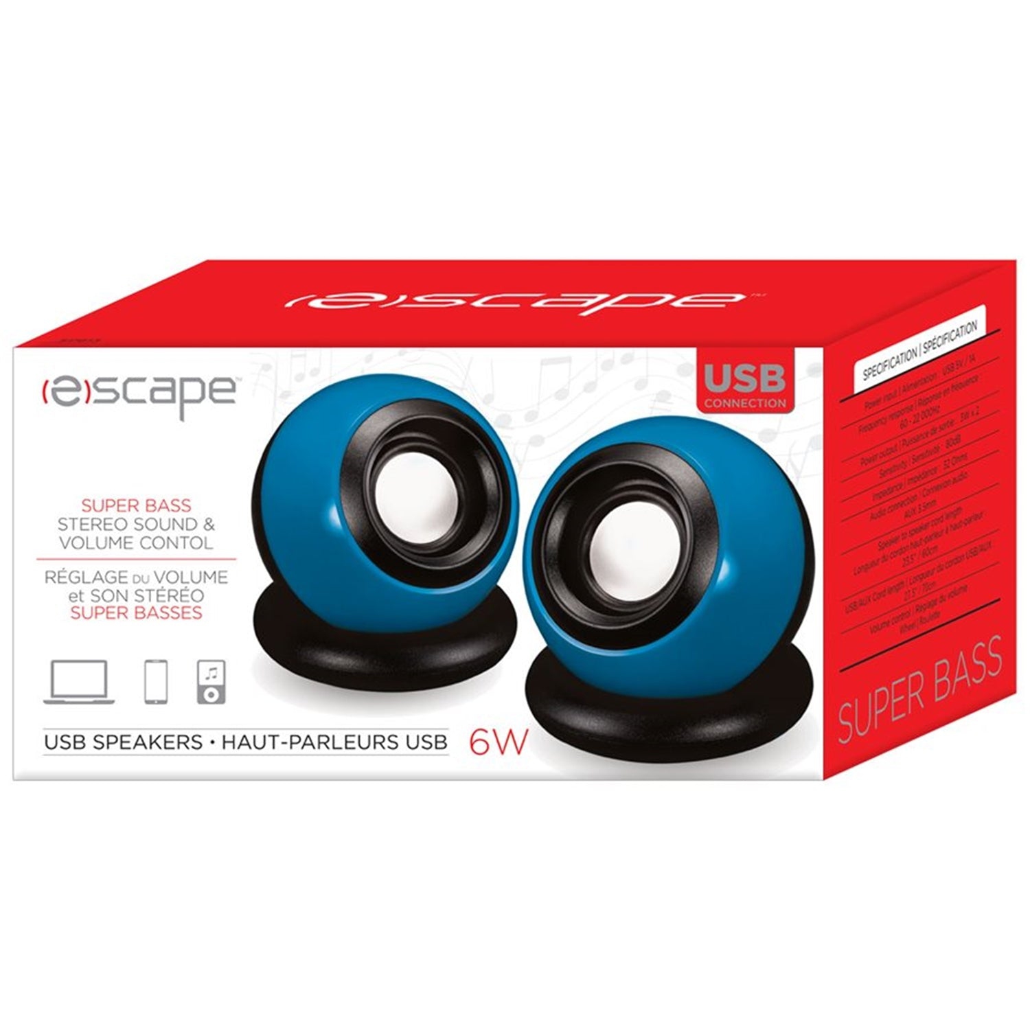 Escape - Mini Stereo USB Speakers with Volume Control, 6 Watts, Blue