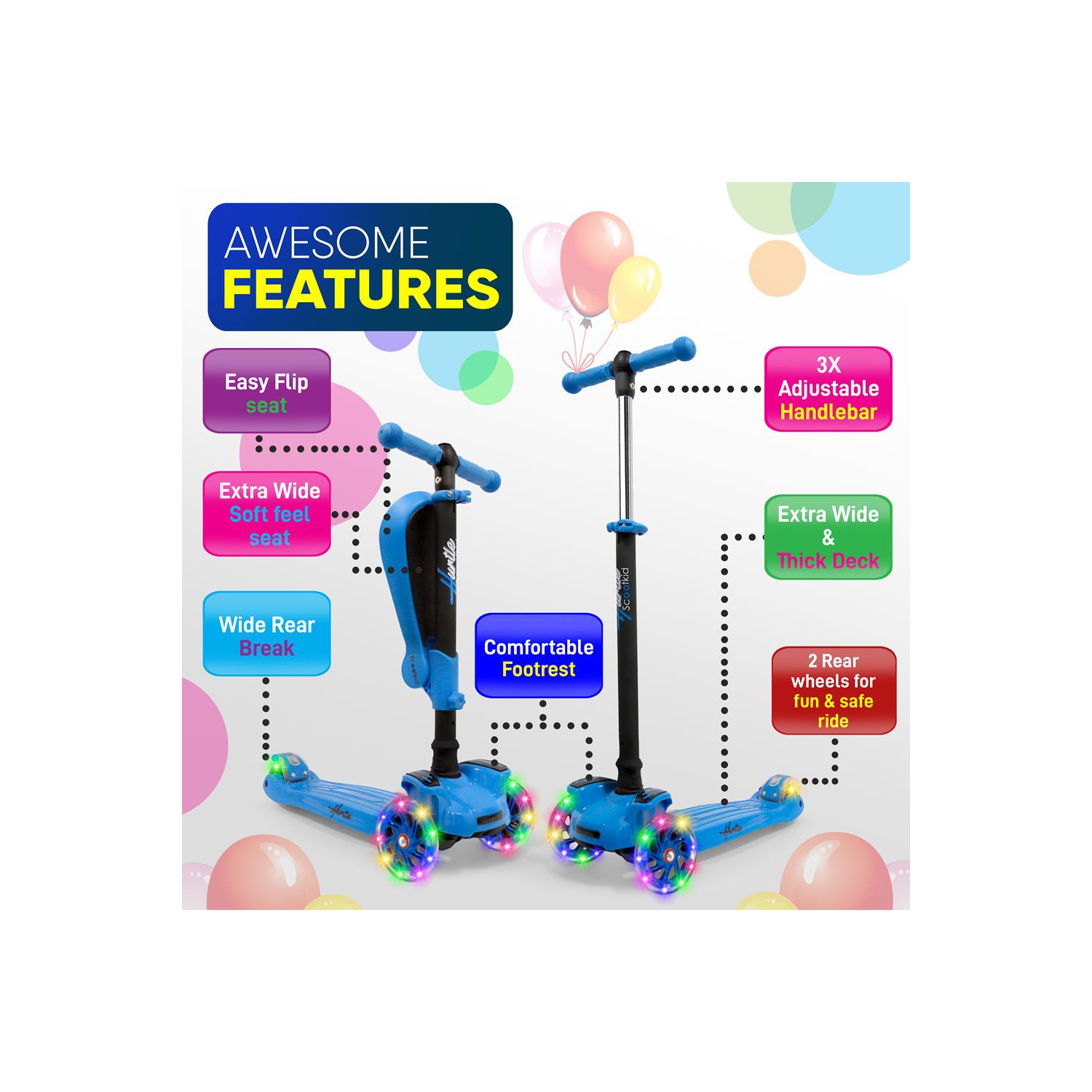 Hurtle 3 Wheeled Scooter for Kids - 2-in-1 Sit/Stand Child Toddlers Toy Kick Scooters W/Flip-Out Seat