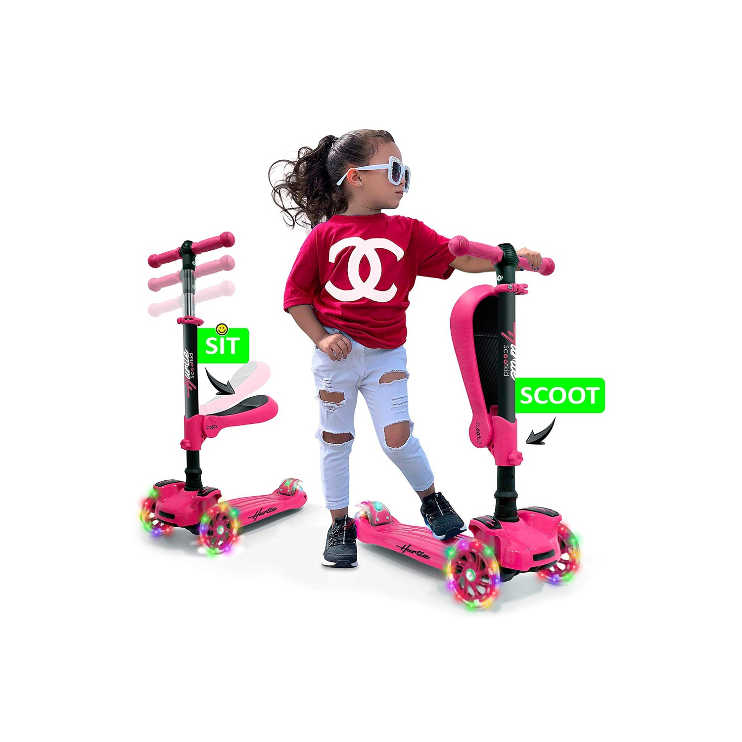 Hurtle 3 Wheeled Scooter for Kids - 2-in-1 Sit/Stand Child Toddlers Toy Kick Scooters W/Flip-Out Seat