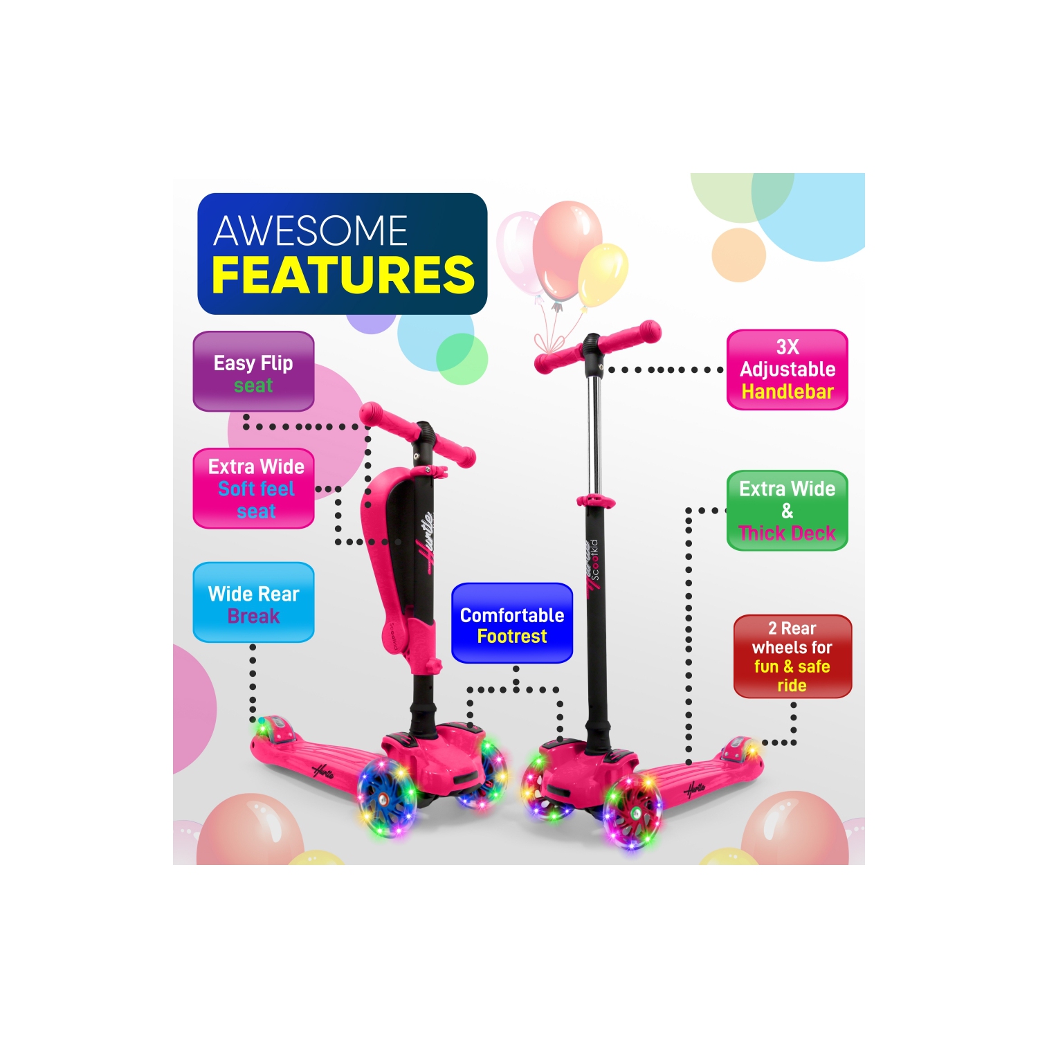 Trottinette à roulettes pour enfants Hurtle 3 - tout-petits assis/debout 2-en-1 - trottinettes avec siège rabattable