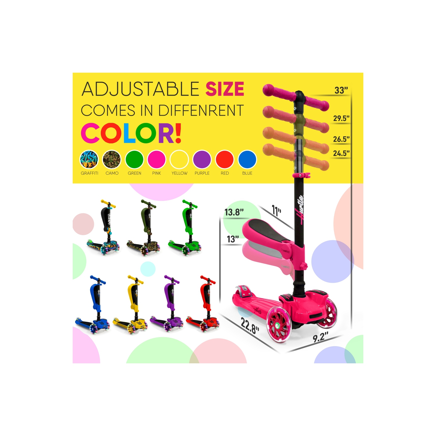 Trottinette à roulettes pour enfants Hurtle 3 - tout-petits assis/debout 2-en-1 - trottinettes avec siège rabattable