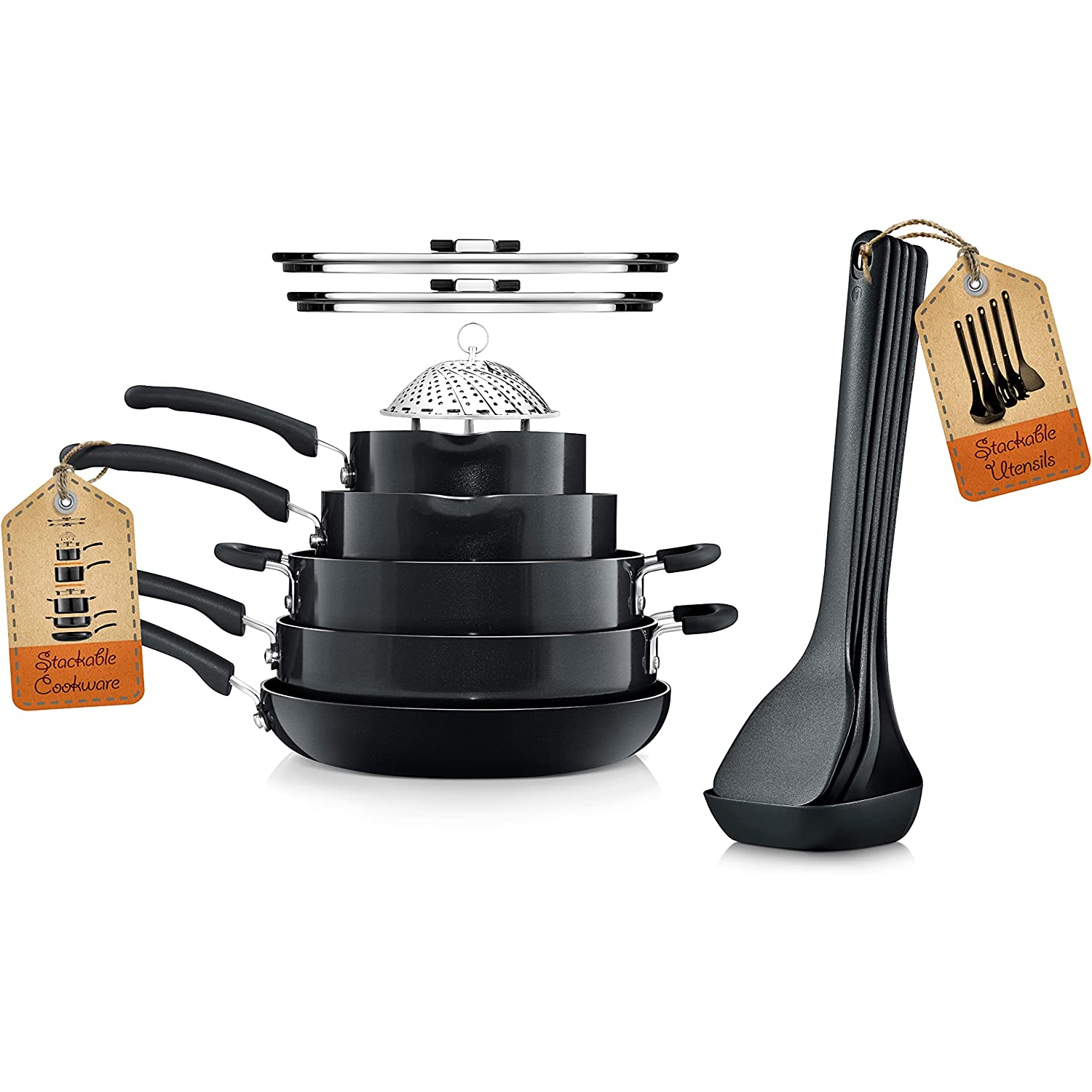 Nutrichef Kitchenware Cookware, Non-Stick Pans and Pots with Foldable Knob, Space Saving, Stackable, Nylon Tools, Induction Base, Black, One Size