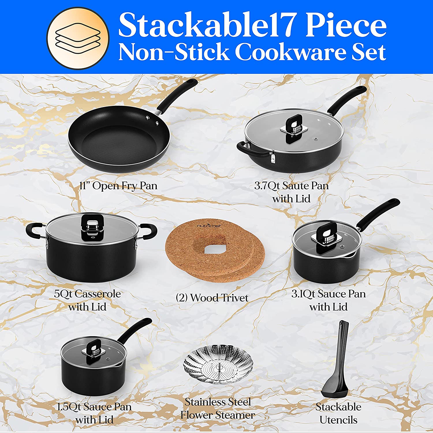 Nutrichef Kitchenware Cookware, Non-Stick Pans and Pots with Foldable Knob, Space Saving, Stackable, Nylon Tools, Induction Base, Black, One Size
