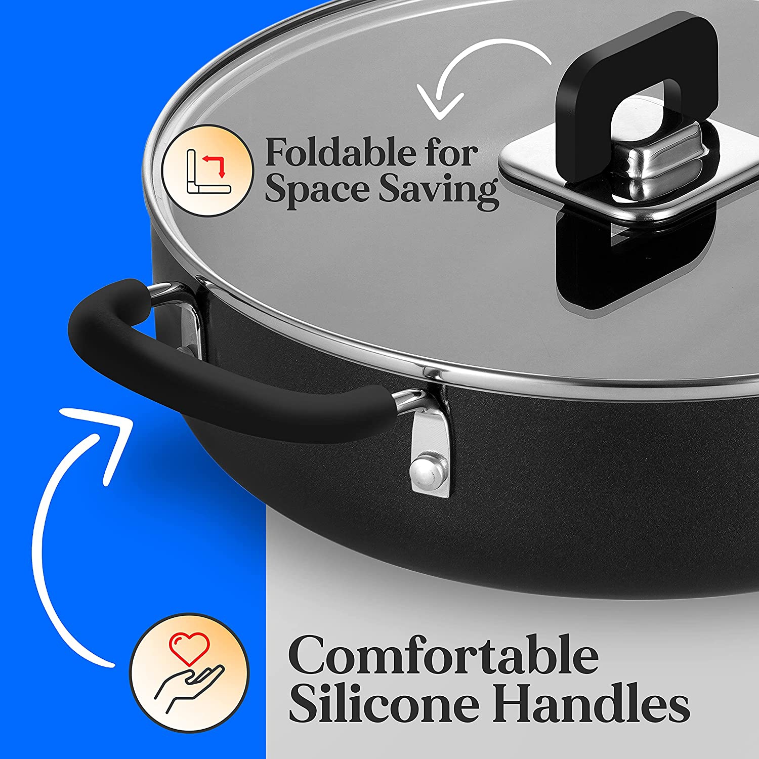 Nutrichef Kitchenware Cookware, Non-Stick Pans and Pots with Foldable Knob, Space Saving, Stackable, Nylon Tools, Induction Base, Black, One Size