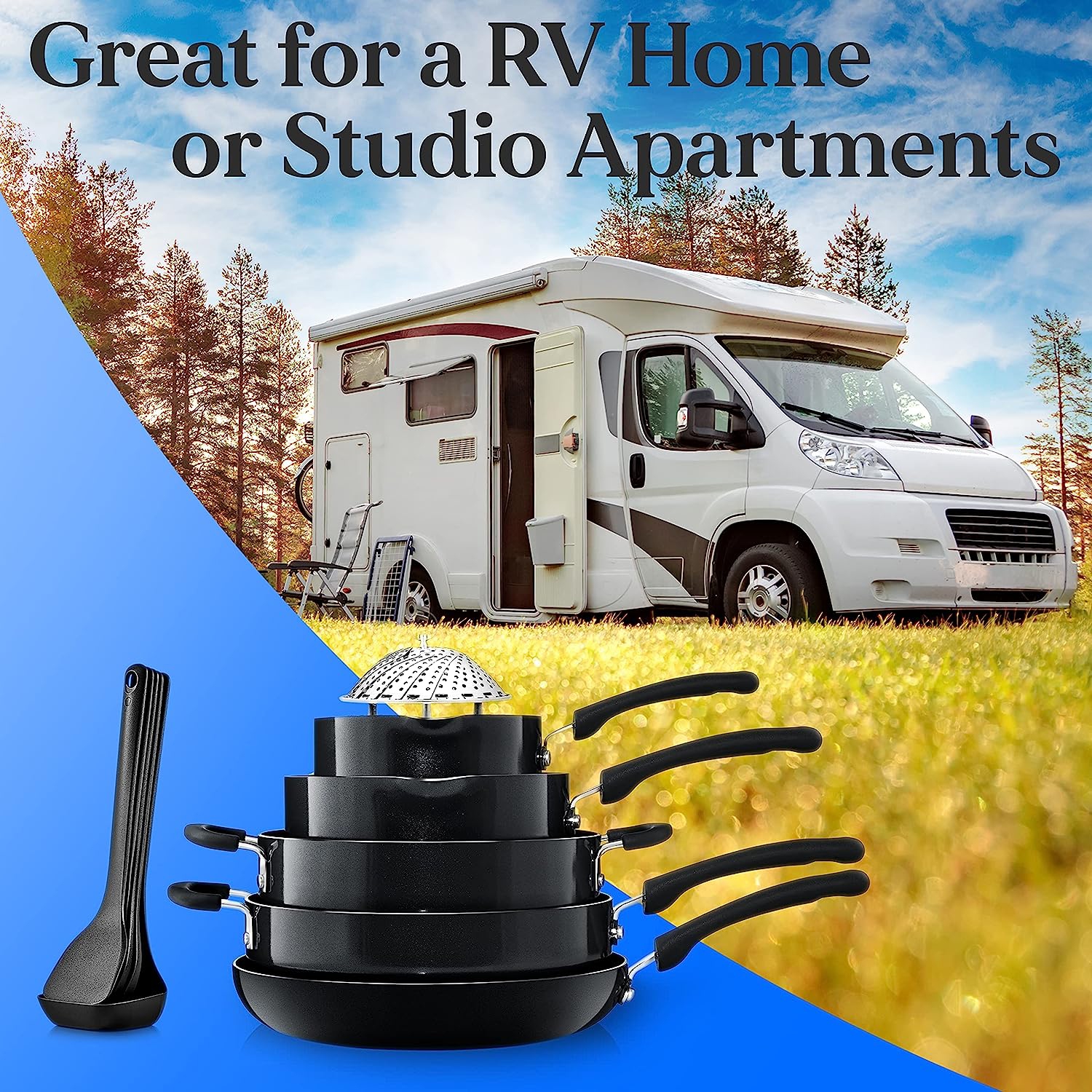 Nutrichef Kitchenware Cookware, Non-Stick Pans and Pots with Foldable Knob, Space Saving, Stackable, Nylon Tools, Induction Base, Black, One Size