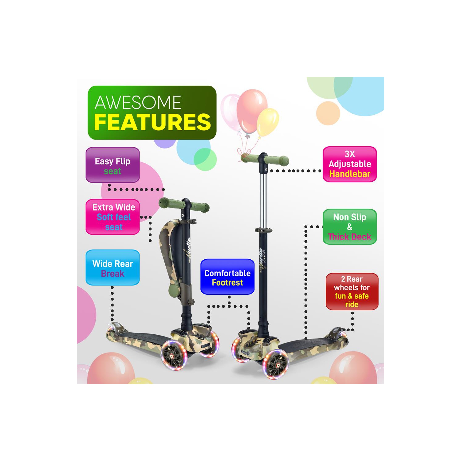 Trottinette à roulettes pour enfants Hurtle 3 - tout-petits assis/debout 2-en-1 - trottinettes avec siège rabattable