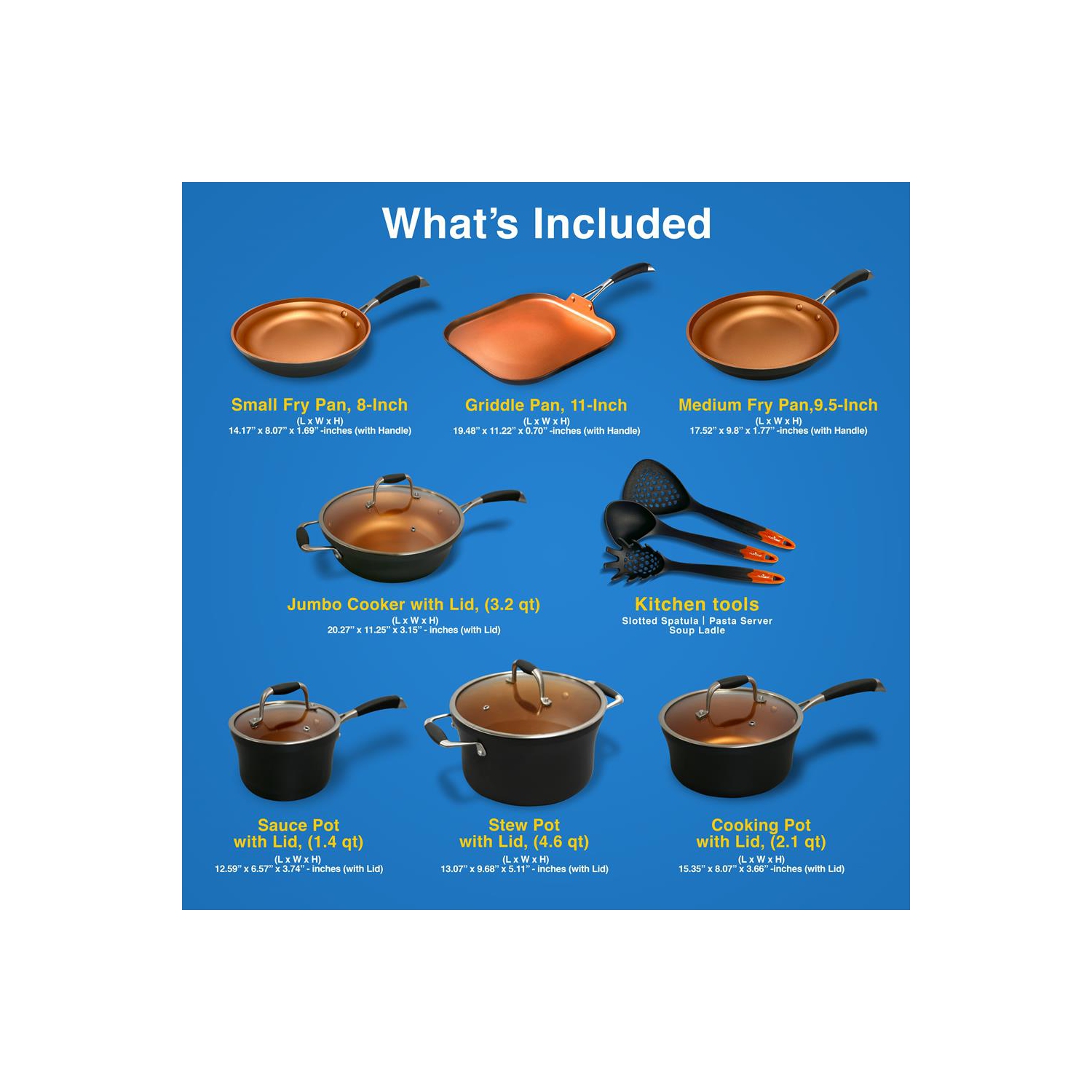 14-Piece Nonstick Kitchen Cookware Set - PFOA/PFOS-Free Heat Resistant Lacquer Kitchen Ware Pots Pan Set Copper/Hard-Anodized - Saucepot Pans Cooking