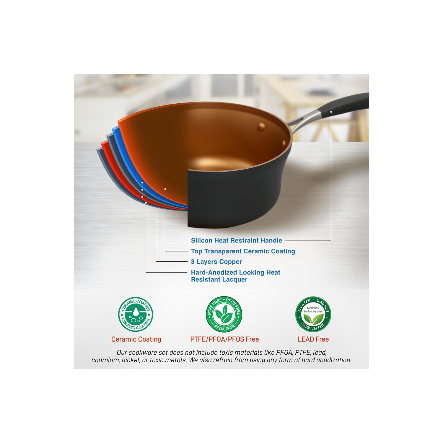 14-Piece Nonstick Kitchen Cookware Set - PFOA/PFOS-Free Heat Resistant Lacquer Kitchen Ware Pots Pan Set Copper/Hard-Anodized - Saucepot Pans Cooking