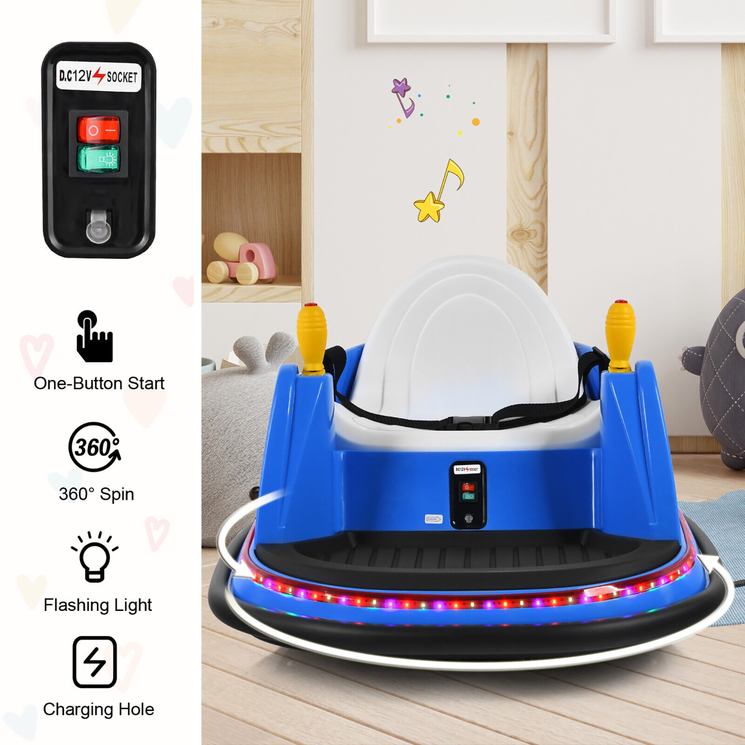 Gymax 12V Vehicle 360° Spin Race Toy Kids Ride On Bumper Car w/ Remote Control