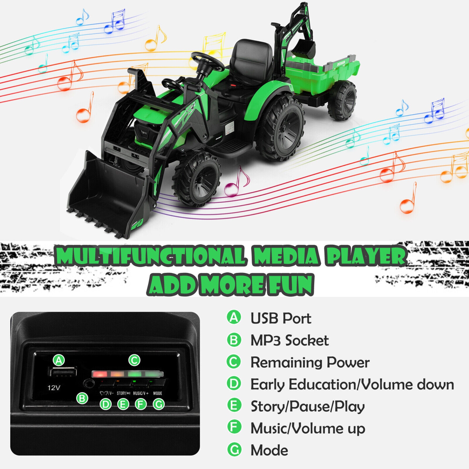 Gymax 3-in-1 Kids Ride On Excavator Bulldozer 12V Electric Tractor Remote w/ Trailer