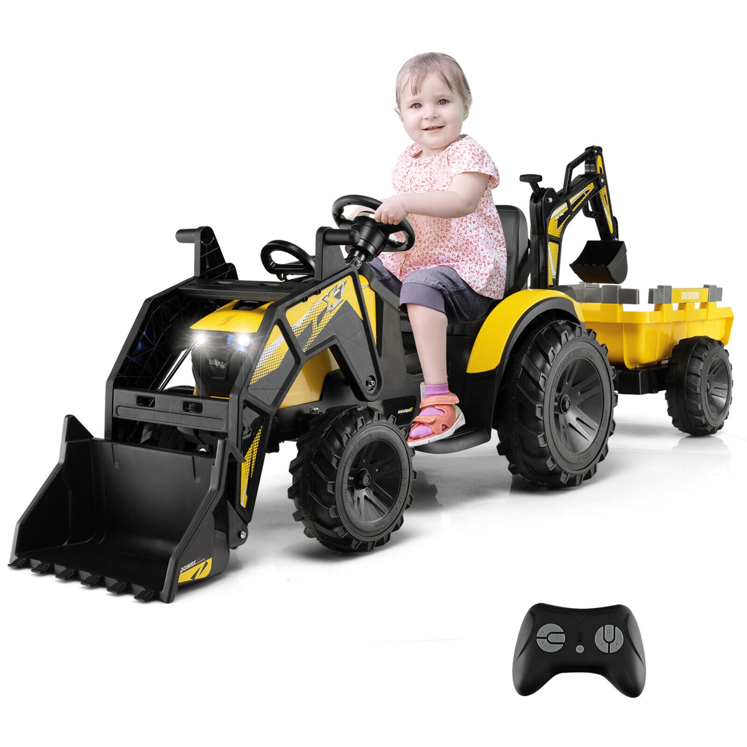 Gymax 3-in-1 Kids Ride On Excavator Bulldozer 12V Electric Tractor Remote w/ Trailer