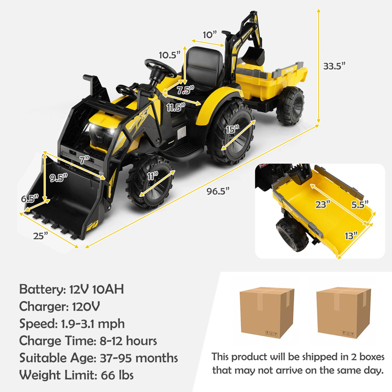 Gymax 3-in-1 Kids Ride On Excavator Bulldozer 12V Electric Tractor Remote w/ Trailer