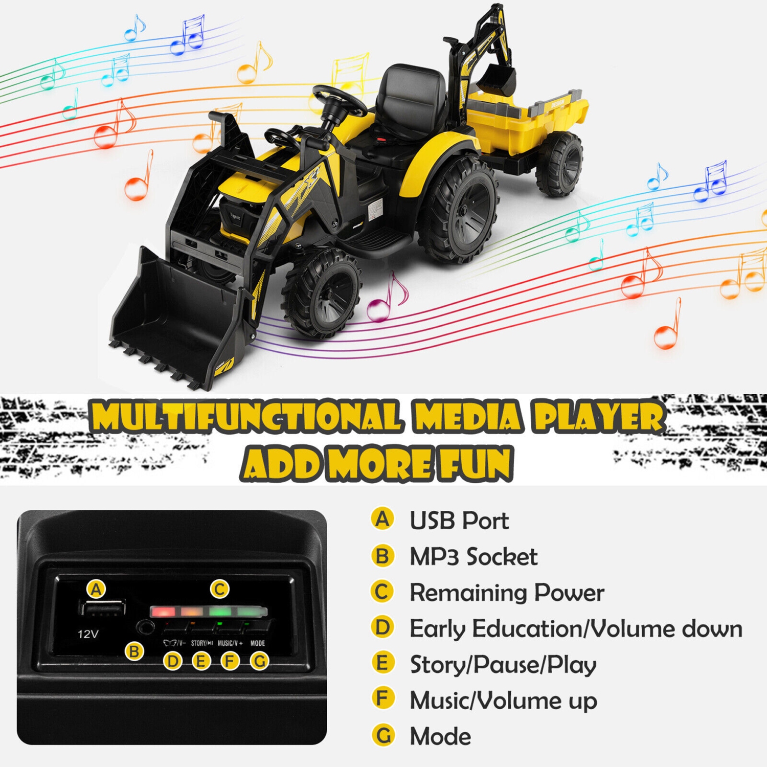 Gymax 3-in-1 Kids Ride On Excavator Bulldozer 12V Electric Tractor Remote w/ Trailer