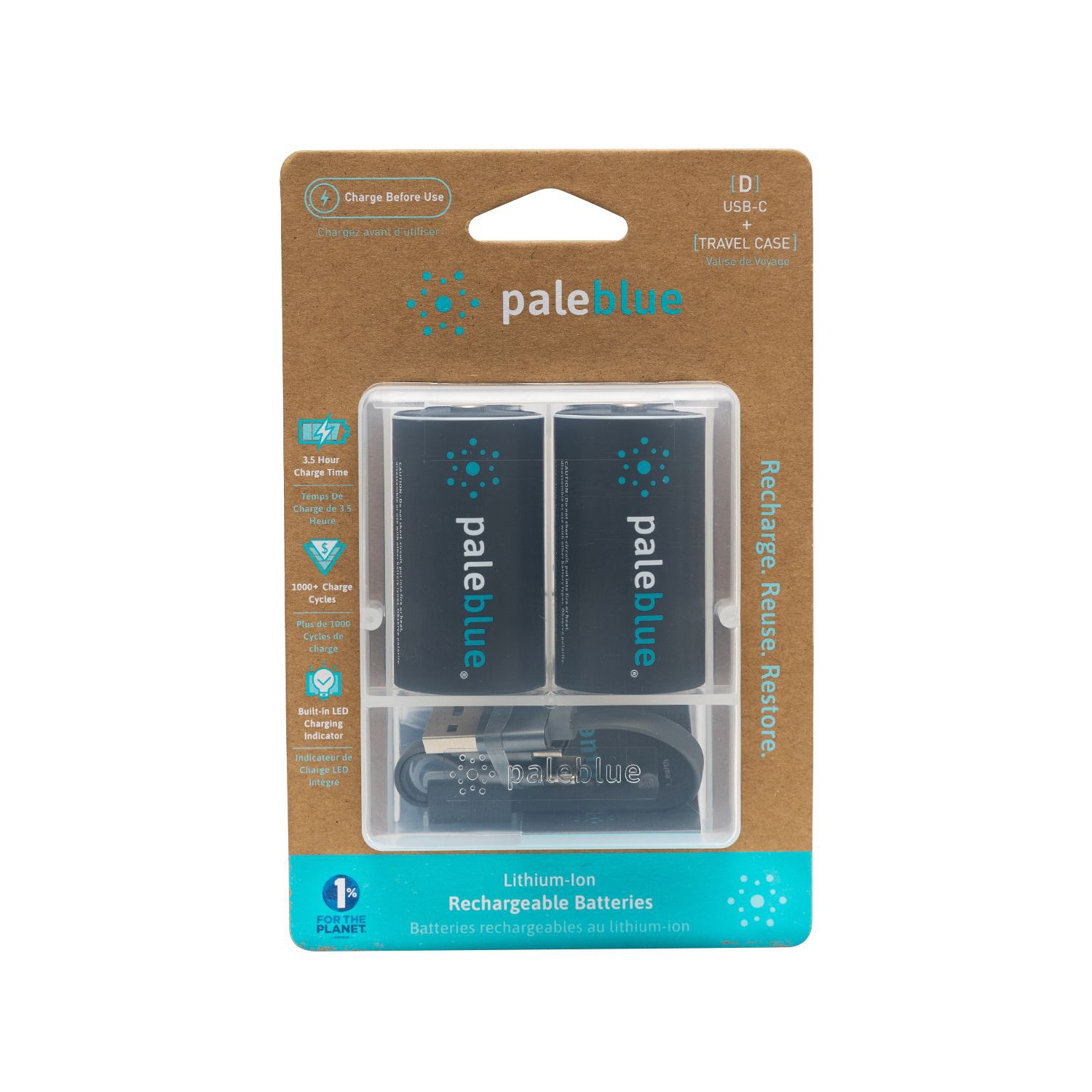 (2) piles intelligentes rechargeables USB D avec câble de chargement 2-en-1
