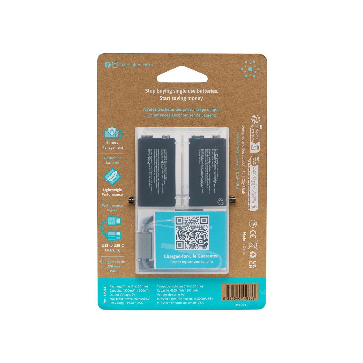 (2) batteries intelligentes rechargeables par USB de 9&nbsp;V avec câble de chargement 2-en-1