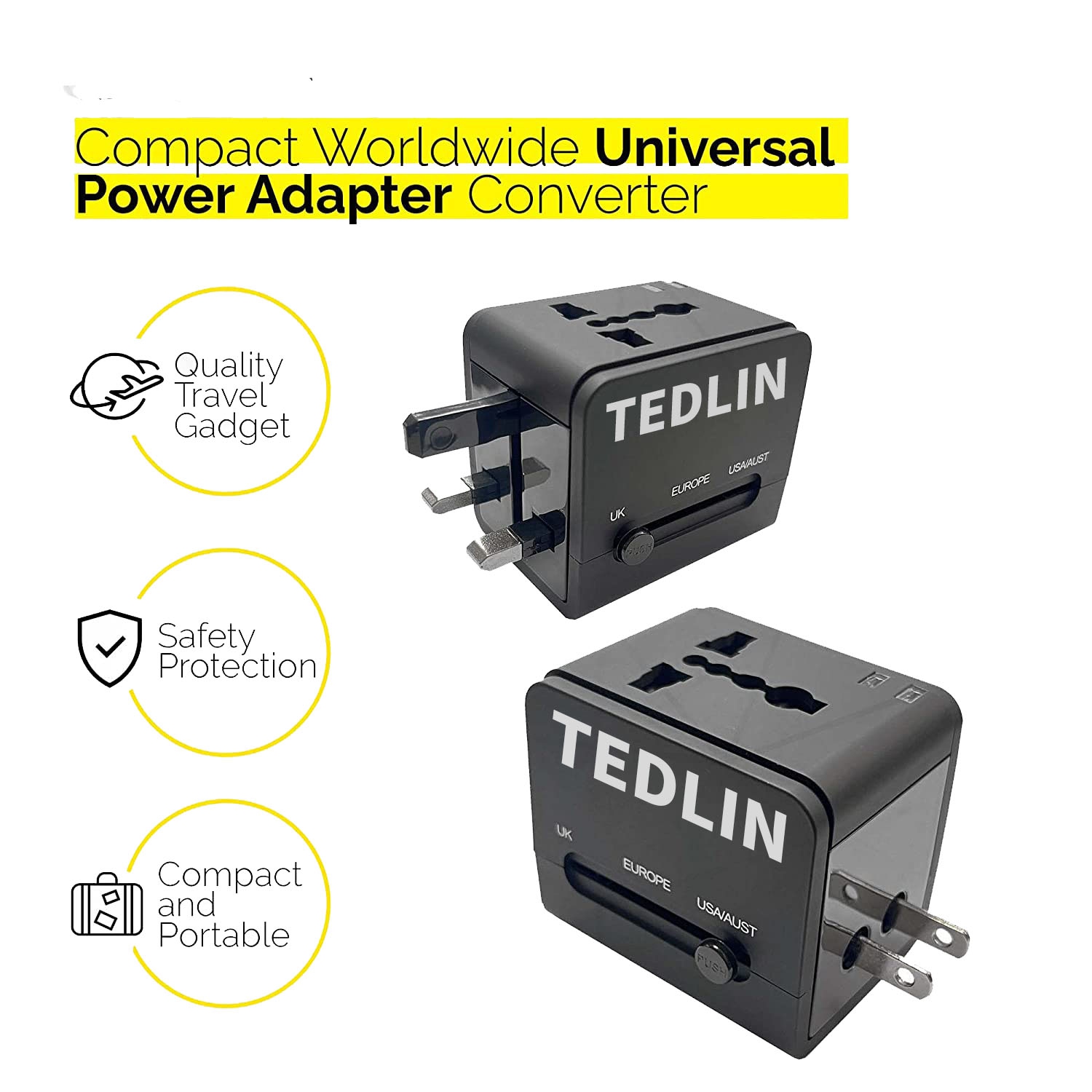 Compact Worldwide Universal Power Adapter Converter with 2 USB Charging Ports, All in One International Travel Wall Charger Plug with Surge