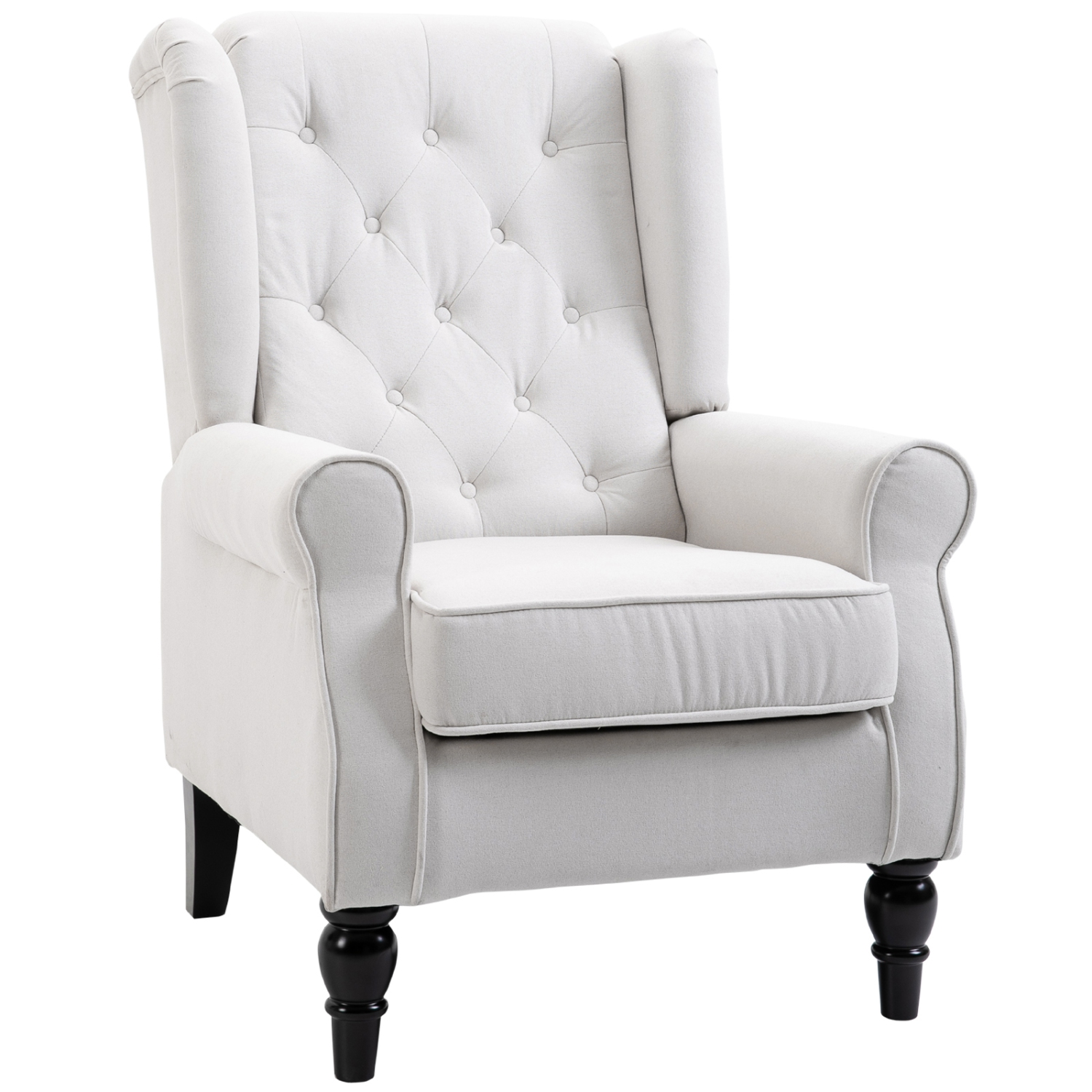 HOMCOM Fabric Accent Chair, Button Tufted Armchair, Modern Living Room Chair, Wingback Chair with Wood Legs, Rolled Arms, Thick Padding for Bedroom, White