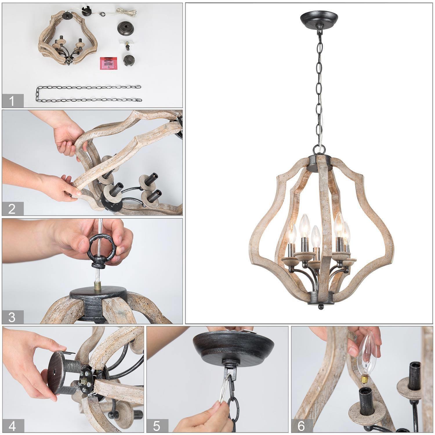 Modern Farmhouse Wood Chandelier, 5-Light Brushed Black Kitchen Island Lantern Chandelier