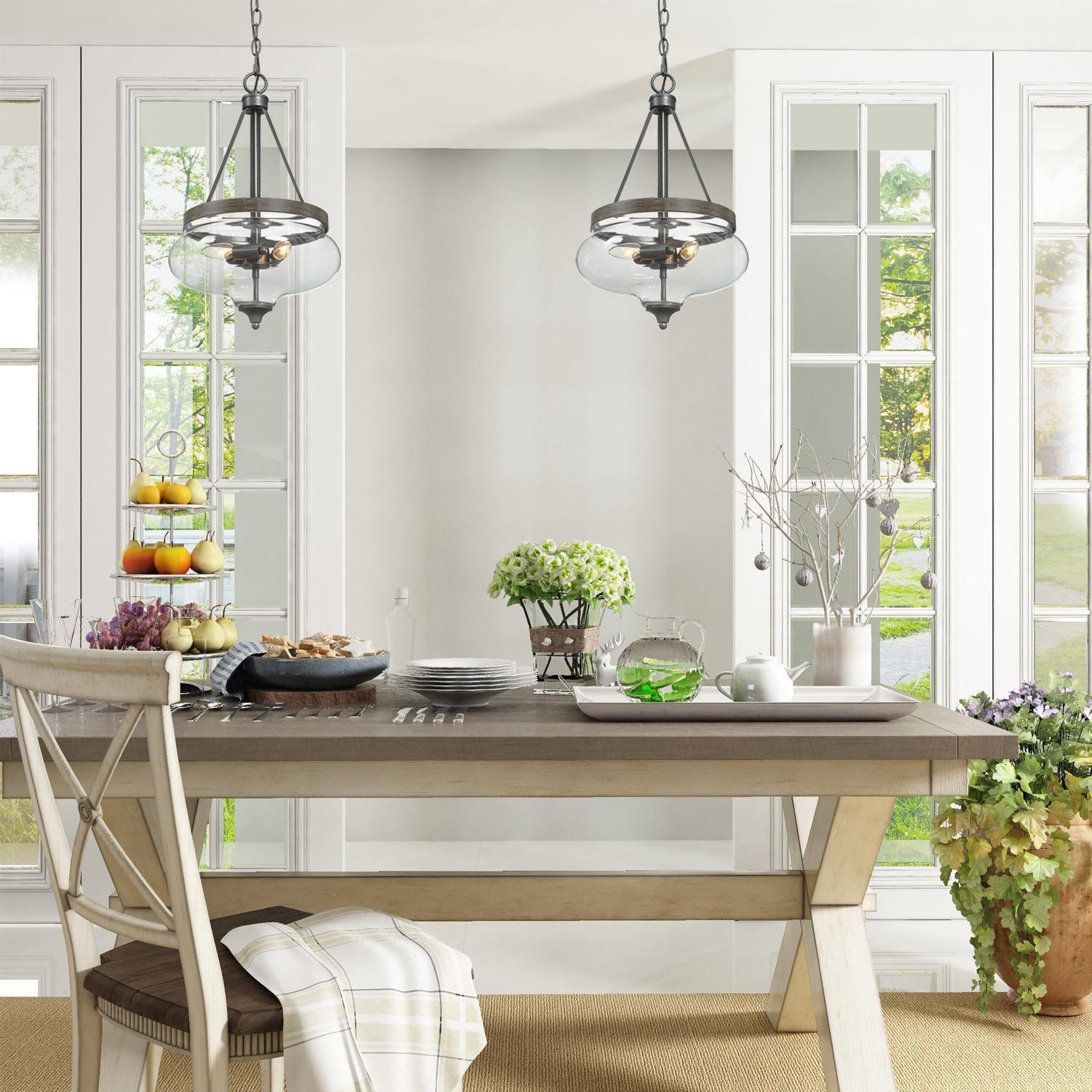 Lustre champêtre pour salle à manger, luminaire suspendu bronze rustique à 3 lampes avec abat-jour en verre transparent et garnitures en bois peint