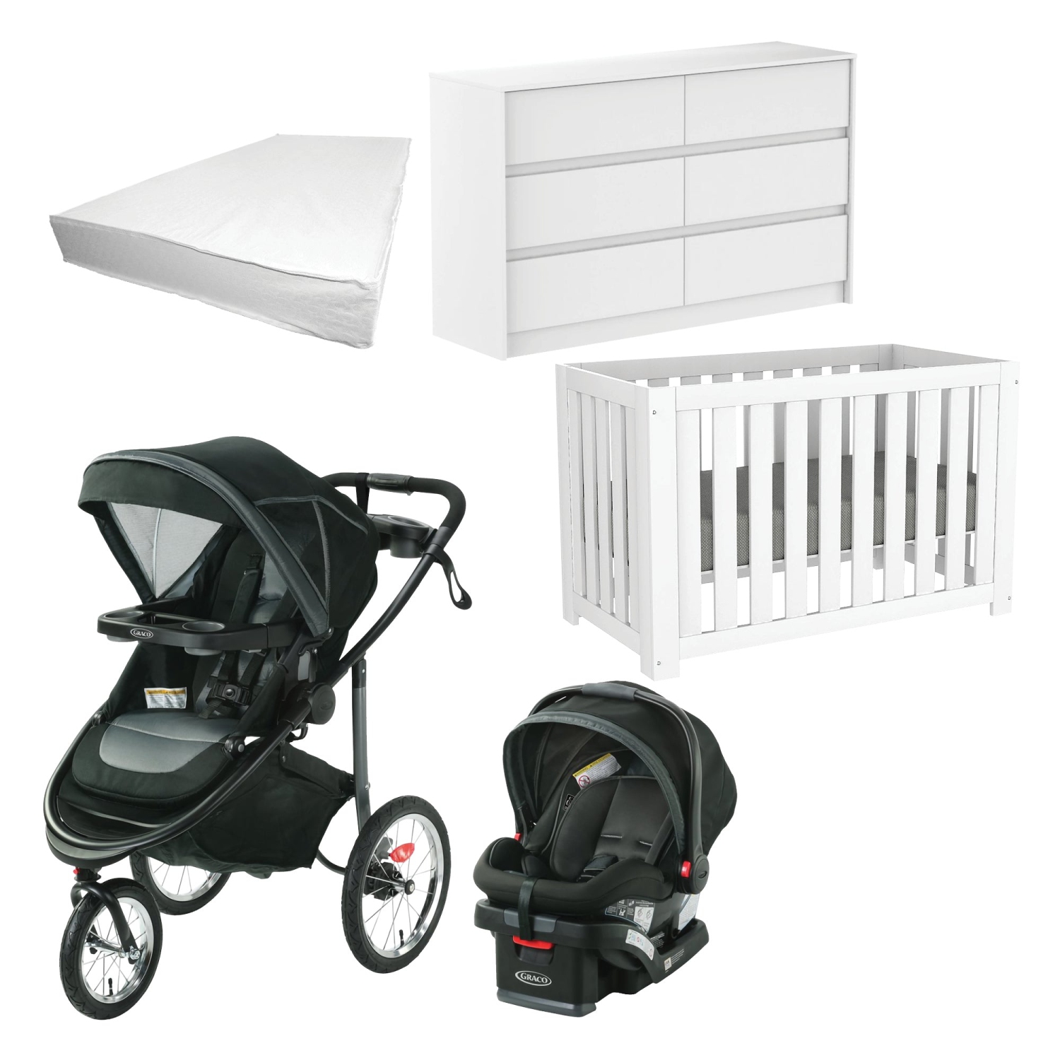 Quebec-Made Convertible Crib, Double Dresser & Canadian-Made Mattress with Graco Modes Jogger Stroller and Car Seat