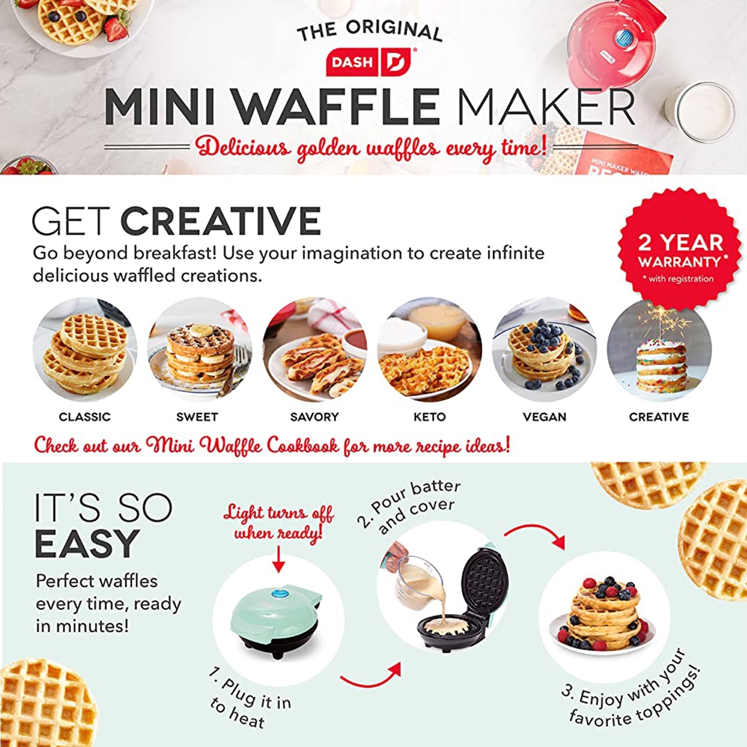 DASH - Mini Waffle Maker for Individual Waffles, 4" Diameter, Non-Stick Surface, Black