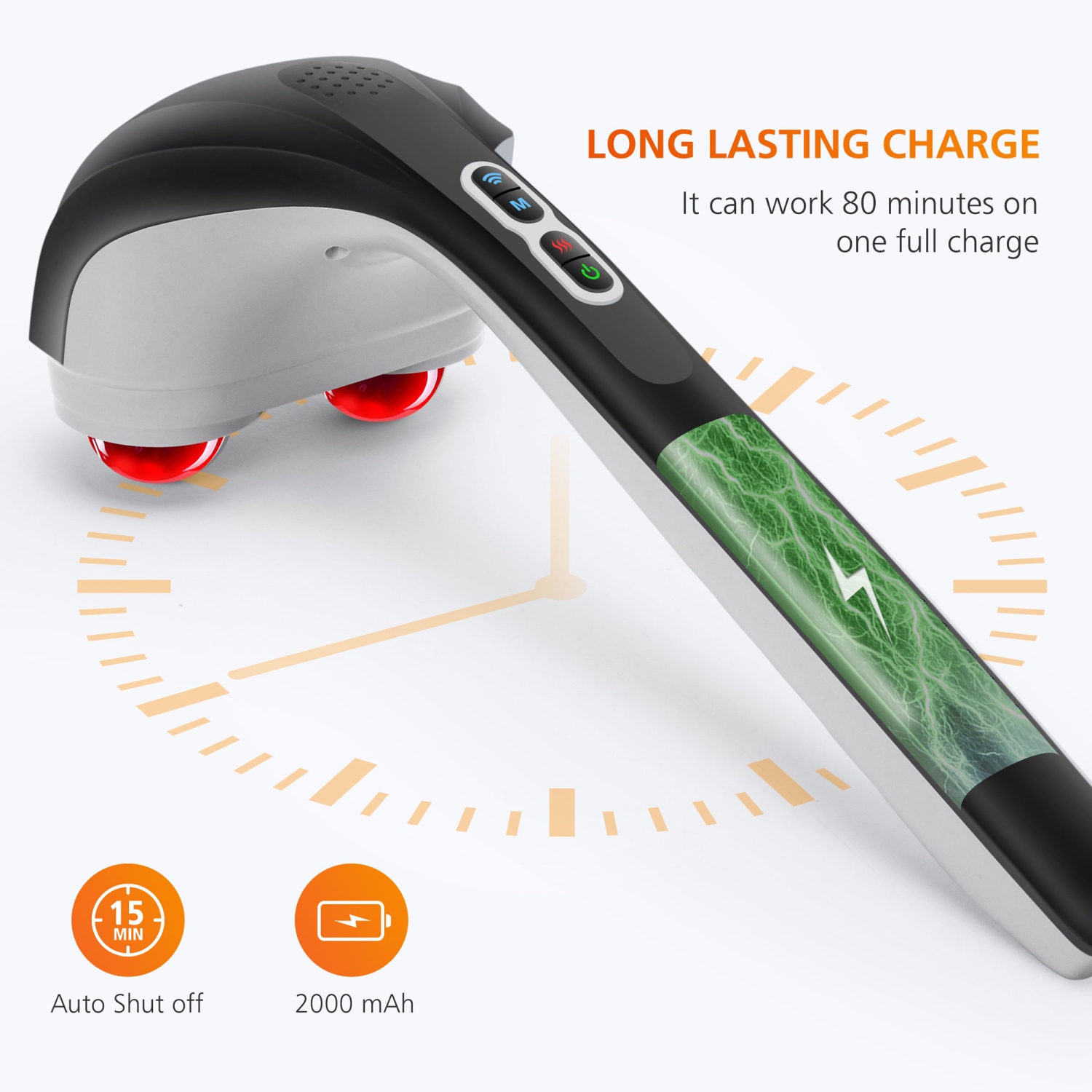 Snailax Cordless Handheld Back Massager with Heat,Deep Tissue Percussion Massager, 3 Sets of Dual Pivoting Heads,Rechargeable Hand Held Massager for