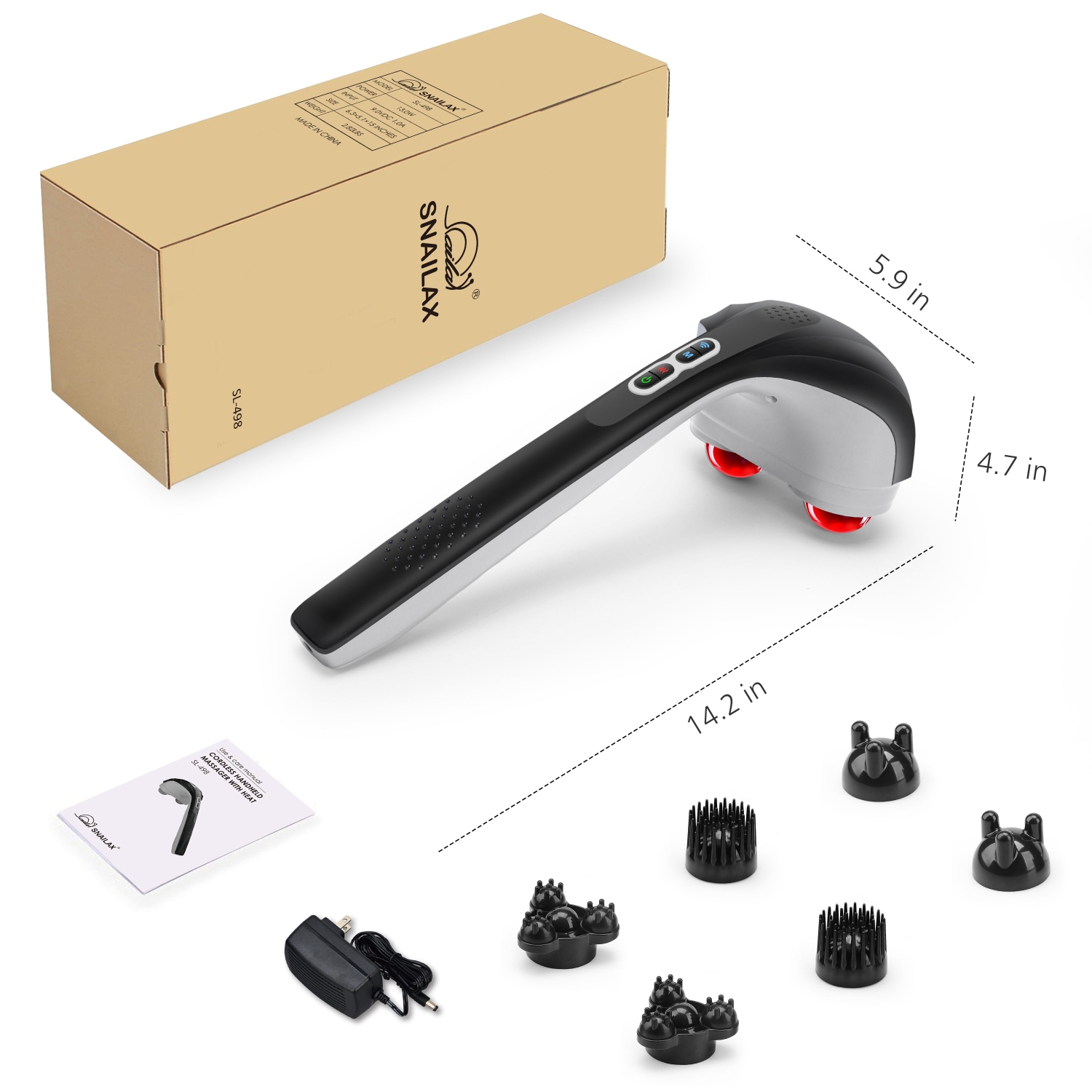 Snailax Cordless Handheld Back Massager with Heat,Deep Tissue Percussion Massager, 3 Sets of Dual Pivoting Heads,Rechargeable Hand Held Massager for