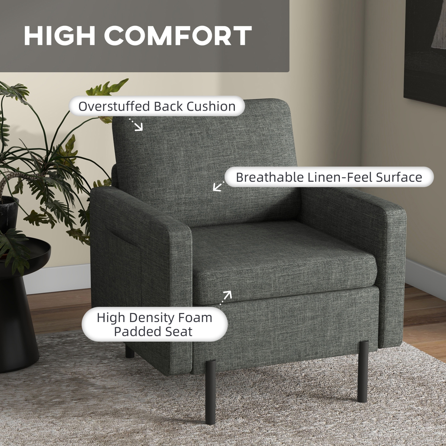 HOMCOM Fabric Accent Chair, Armchair, Modern Living Room Chair with Metal Legs, 2 Side Pockets, Thick Padding for Bedroom, Grey