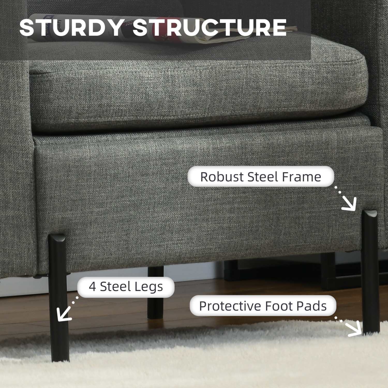 HOMCOM Fabric Accent Chair, Armchair, Modern Living Room Chair with Metal Legs, 2 Side Pockets, Thick Padding for Bedroom, Grey