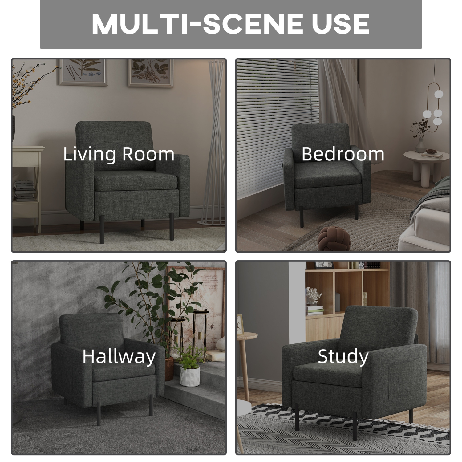 HOMCOM Fabric Accent Chair, Armchair, Modern Living Room Chair with Metal Legs, 2 Side Pockets, Thick Padding for Bedroom, Grey