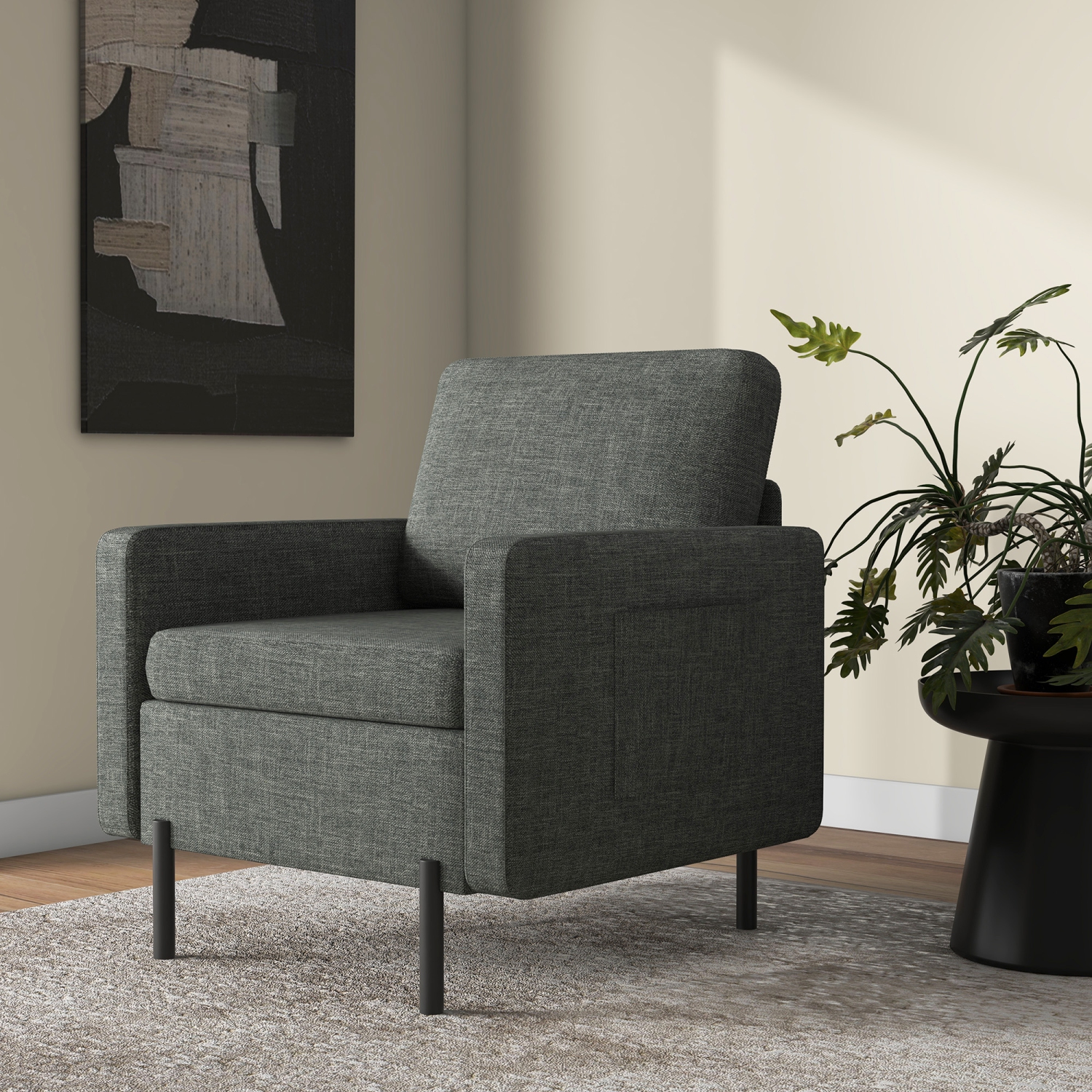 HOMCOM Fabric Accent Chair, Armchair, Modern Living Room Chair with Metal Legs, 2 Side Pockets, Thick Padding for Bedroom, Grey