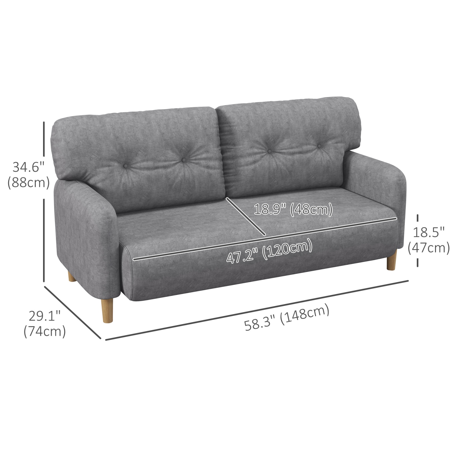 HOMCOM 58" Loveseat Sofa for Bedroom, Modern Love Seats Furniture, Upholstered 2 Seater Couch with 2 Tufted Back Cushion, Steel Frame and Beech Wood