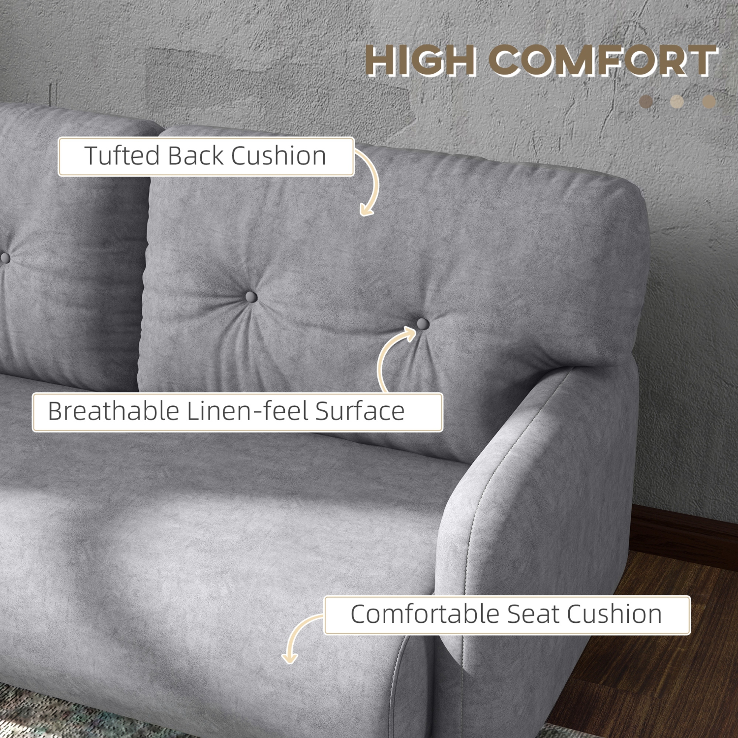 HOMCOM 58" Loveseat Sofa for Bedroom, Modern Love Seats Furniture, Upholstered 2 Seater Couch with 2 Tufted Back Cushion, Steel Frame and Beech Wood