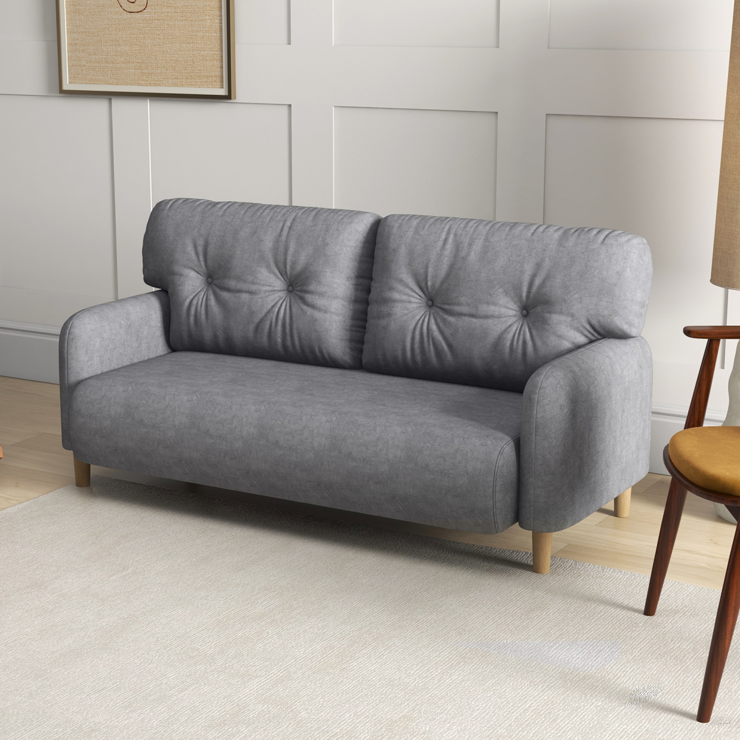 HOMCOM 58" Loveseat Sofa for Bedroom, Modern Love Seats Furniture, Upholstered 2 Seater Couch with 2 Tufted Back Cushion, Steel Frame and Beech Wood